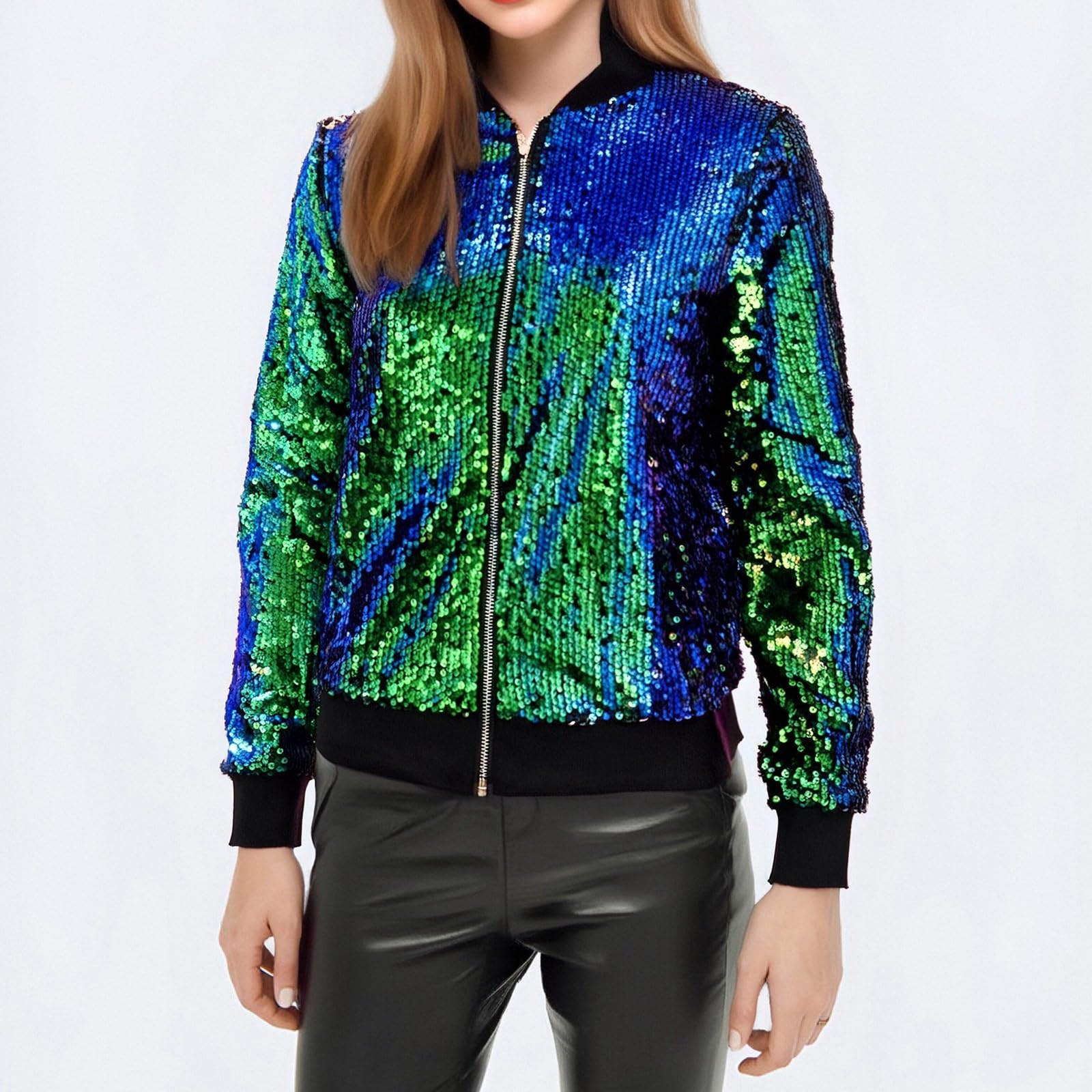Baseball Jacke Damen Pailletten Reißverschluss Langarm Jacken Blazer Sakko Pailletten Blazer Jacke Elegant Kurz Sakko Rave Party Outwear Blazermantel Bomberjacke Bikerjacke Übergangsjacke Lässig