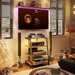 4-Tier AV Media Stand with Power Strips, Wooden Media Console with LED Lights, Wheels, Height Adjustable Rolling Audio Cabinet Rack Tower Stereo Rack for Gaming Consoles/DVD Player/Amplifier/Cable Box | Turntable Table with Wheels & LED Lights, Stere