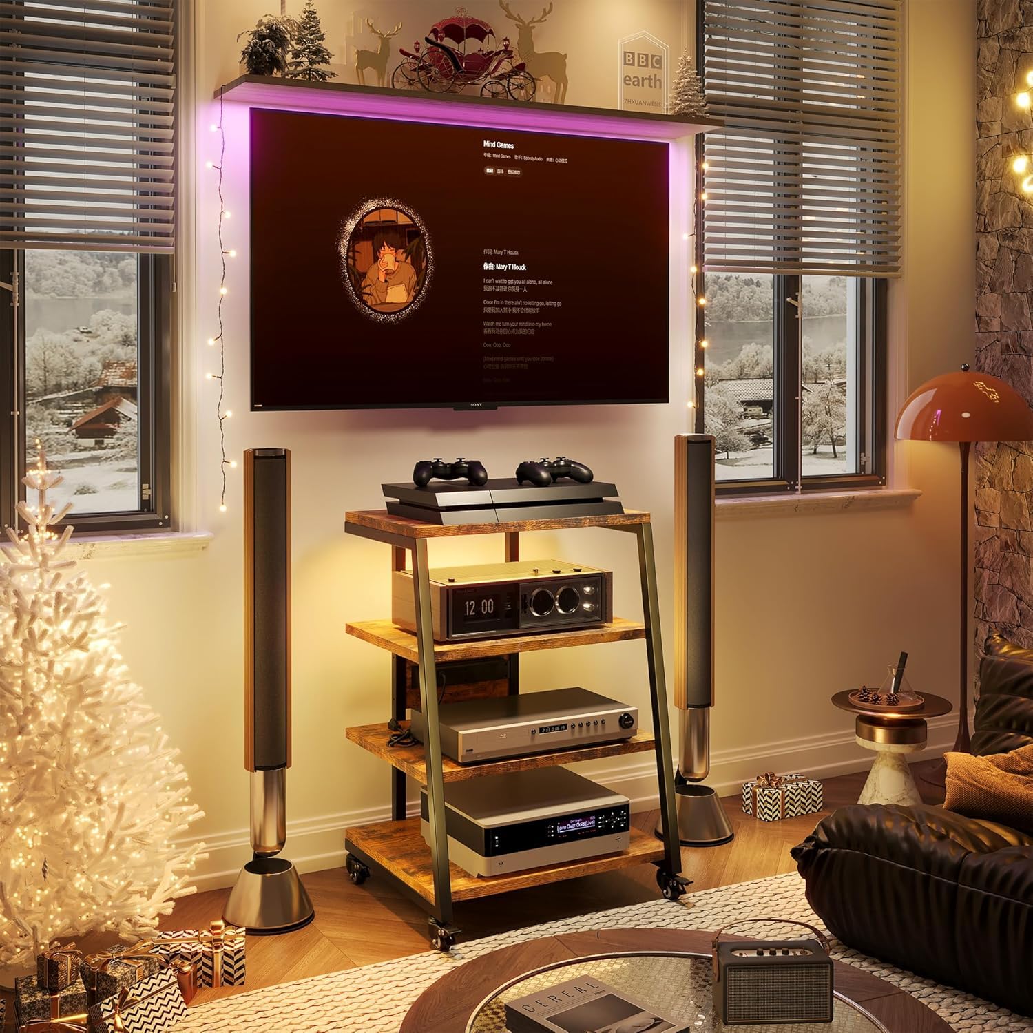 Meuble HiFi avec 4 Étagères en Bois, Hauteur Réglable, Capacité 50 kg