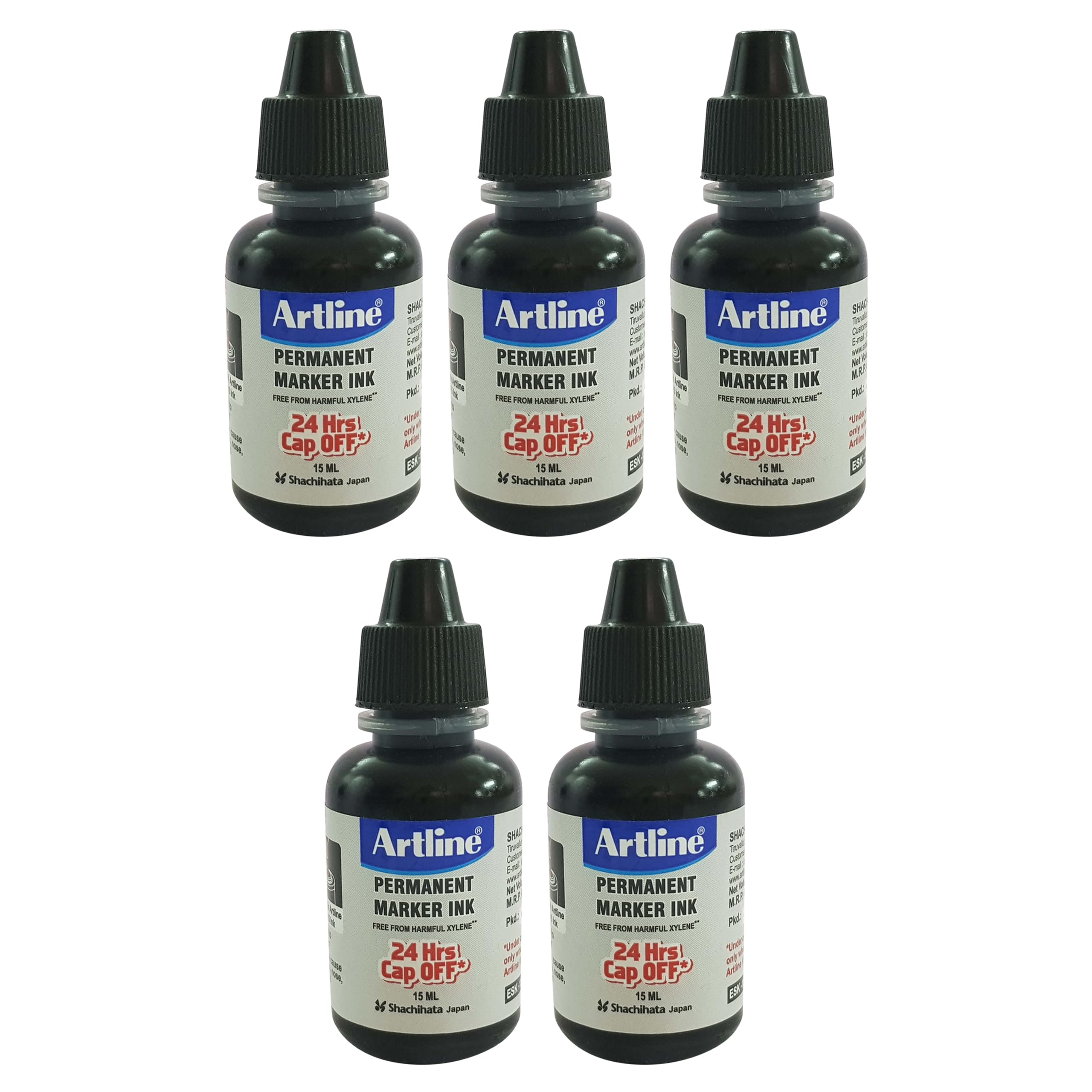 ArtlineBlack Permanent Marker Pens Refill Ink Bottles, Pack of 5, 15ml per Bottle, Dye Ink
