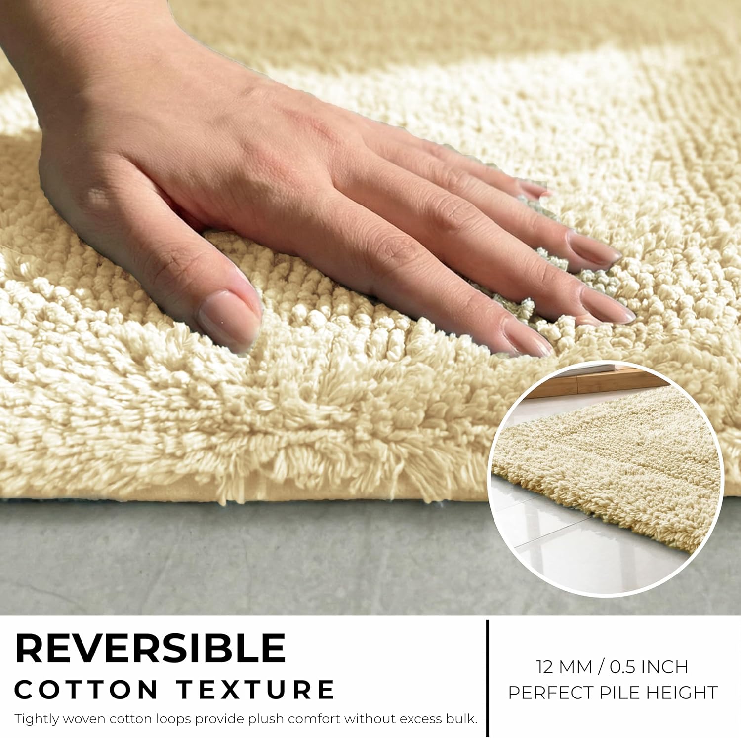 Cotton Reversible Bathmat Rug Set of 2, 21x32/17x24 Inches - Light Yellow, Quick Dry Water Absorbent Hotel Quality Bath Rugs Ideal for Kitchen, Bathroom, Toilet | Spa Style Ultra Soft Mat for Washable