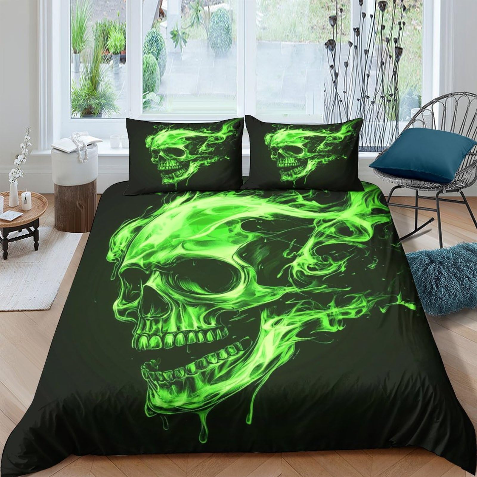 GPLZQXKJNH 3D Printed Green Skull Duvet Cover Set Microfiber Breathable Flame Smoke Bedding Set with 2 Pillowcases for Bedroom Decor Single（135x200cm）