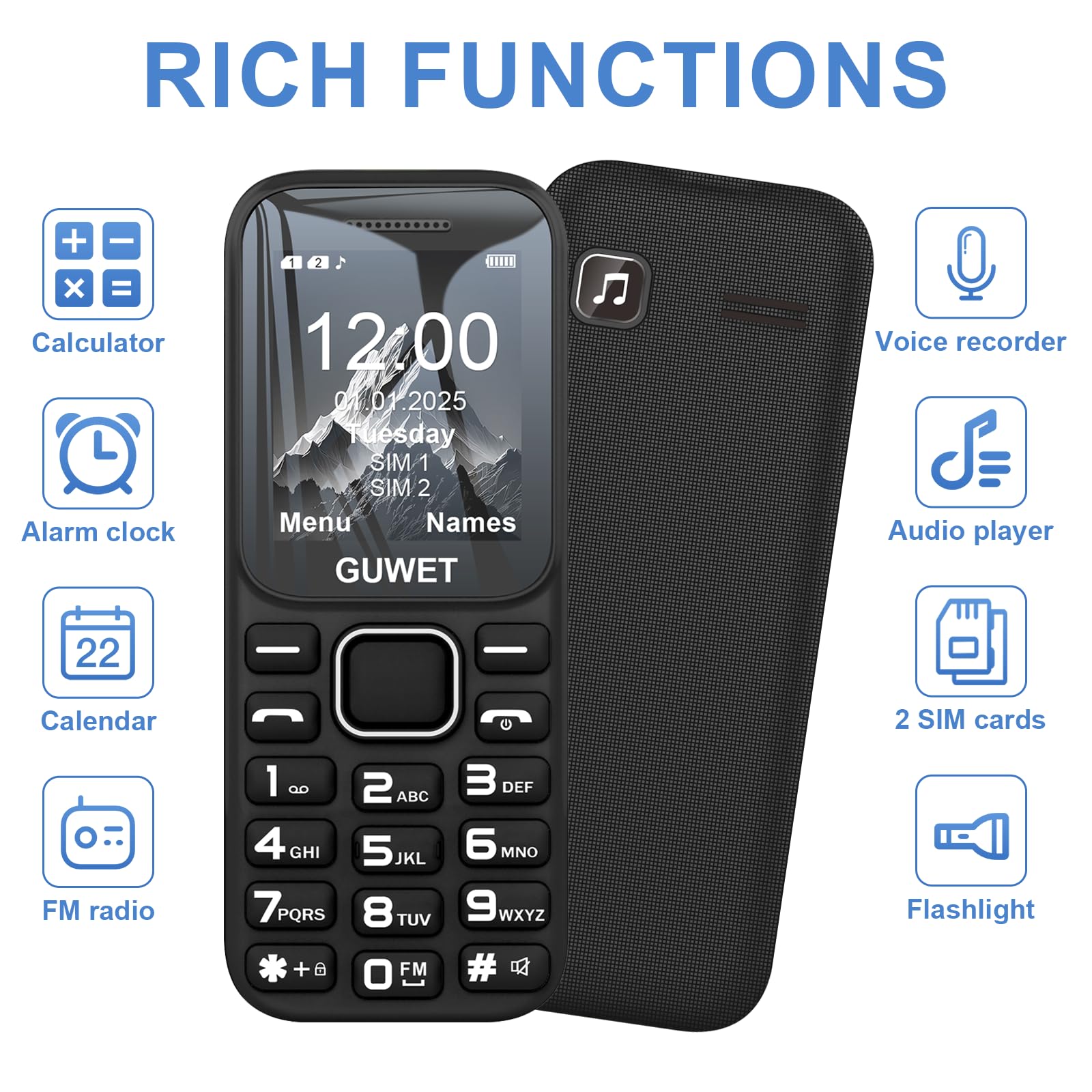 Guwet A2 telefono per anziani, Batteria ad alta capacità, telefono a tasti, con segnale forte, pulsante SOS, lungo standby e colore nero.