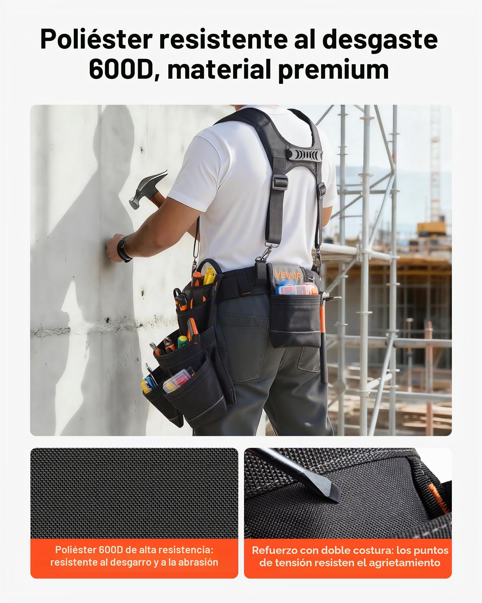 VEVOR Cinturón Portaherramientas para Profesionales, con 19 Bolsillos y Tirantes, para Electricistas, Carpinteros y Trabajadores de la Construcción, Ajustable de 800 a 1310 mm, Poliéster 600D