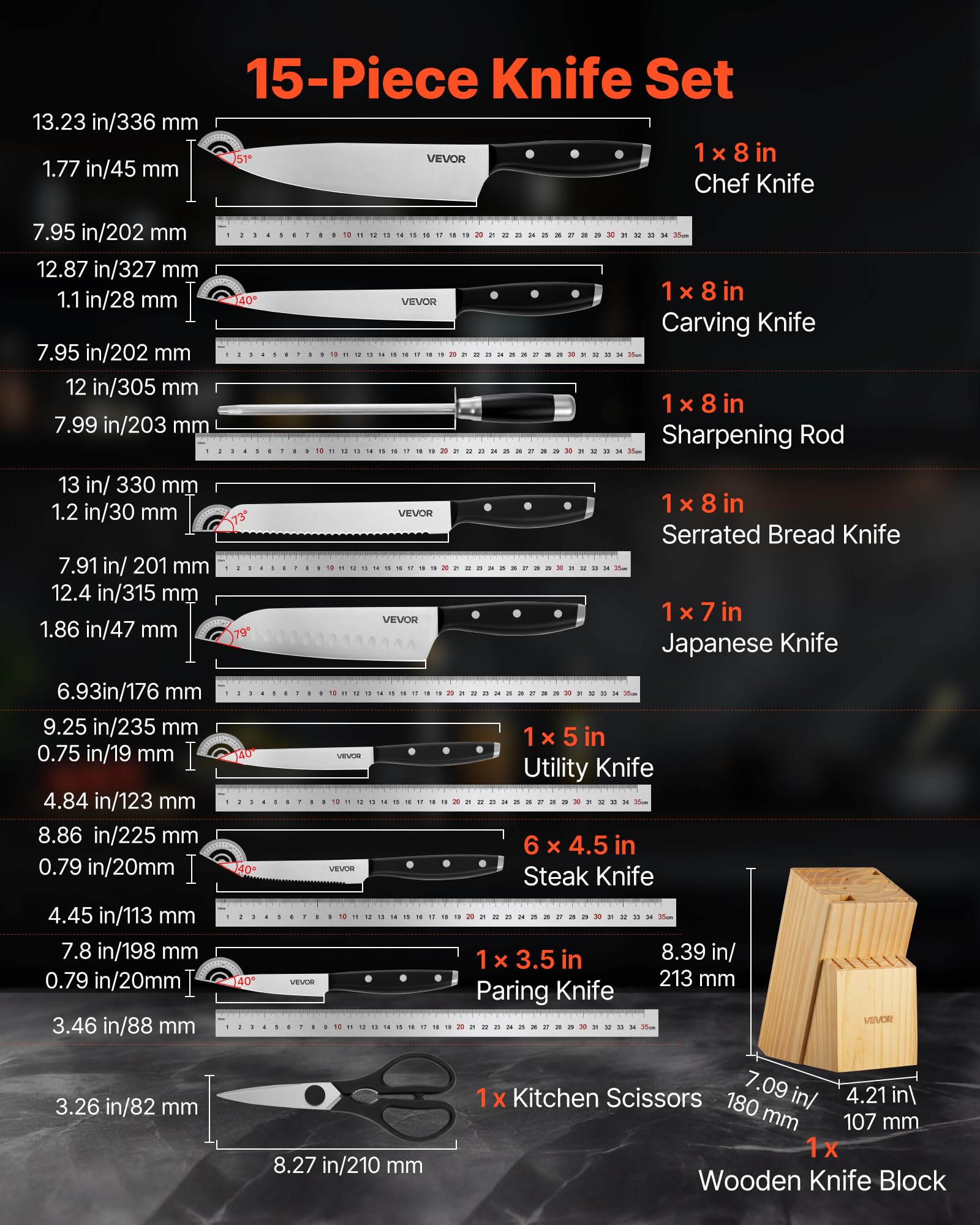 VEVOR Set di Coltelli da Cucina con Ceppo Portacoltelli Legno di Pino e Acciaino da 15 Pezzi in Acciaio Inossidabile ad Alto Tenore di Carbonio, Coltello da Cucina con Impugnatura Ergonomica in ABS