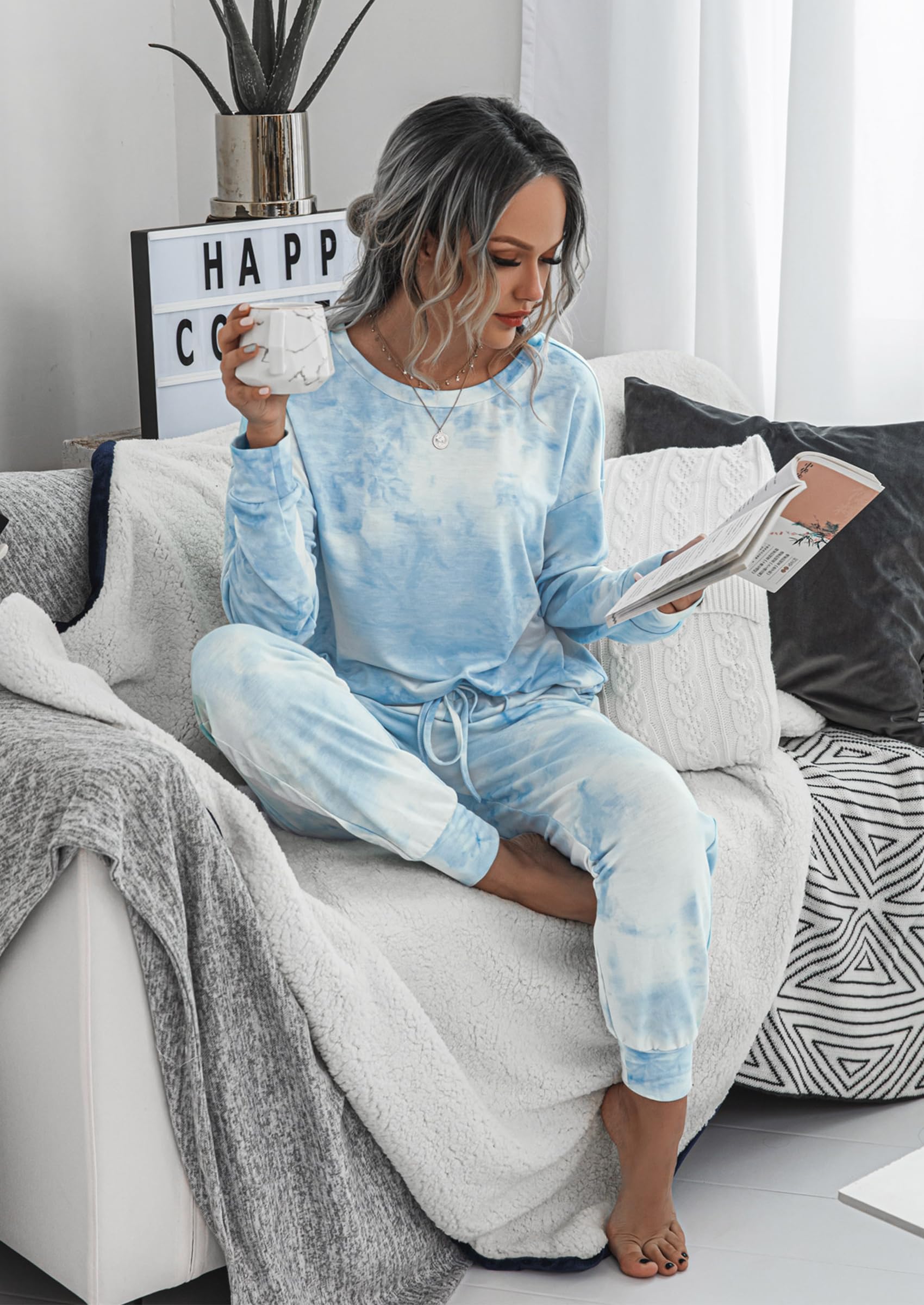PRETTYGARDEN Women's Two Piece Loungewear Fall Casual Long Sleeve Tops Jogger Pants Pajama Sets Matching Outfits Clothing: Blue X-Large