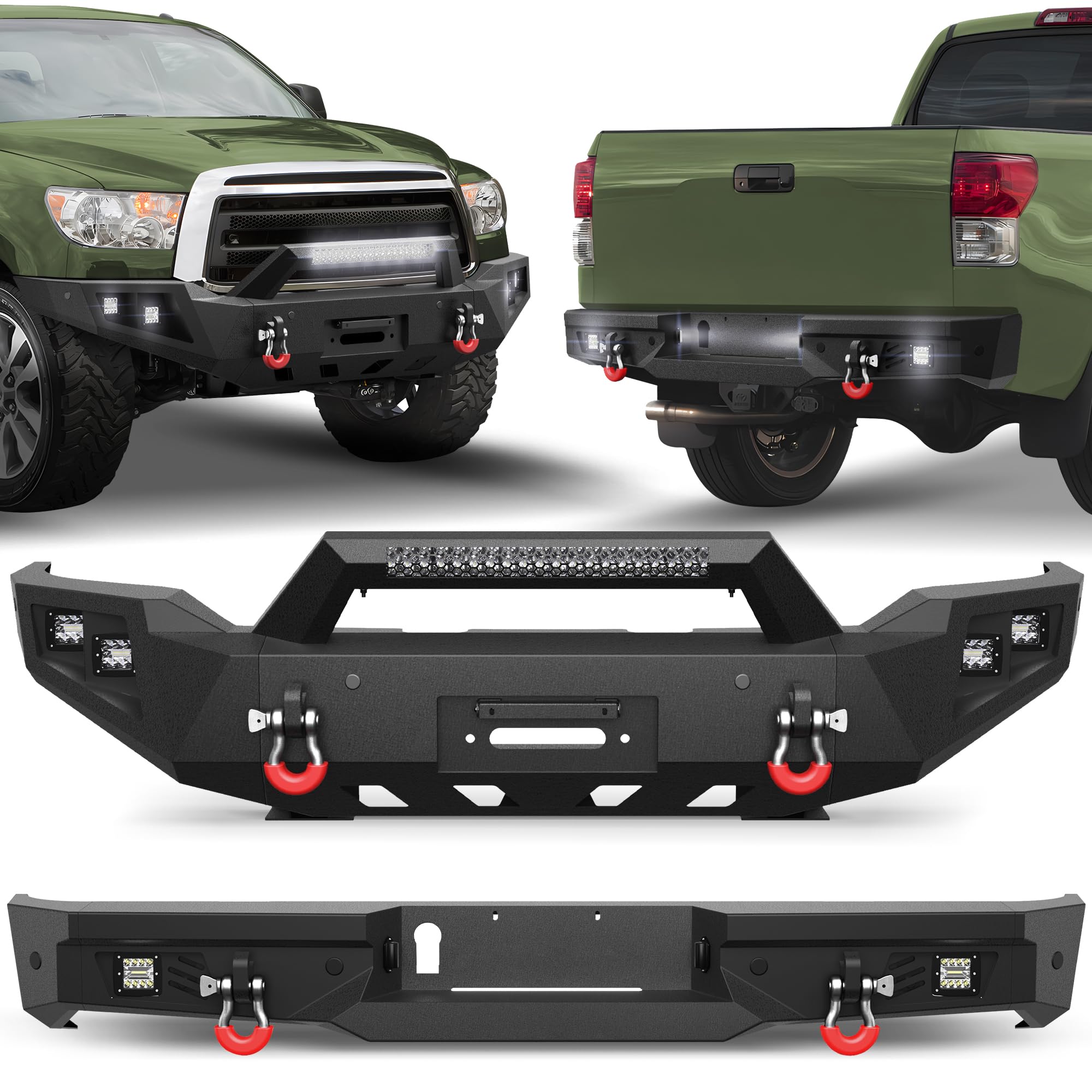 Tundra Front + Rear Bumper Set for 2007-2013 Toyota Tundra Pickup, w/Winch Plate, LED Lights, License Plate Lights and D-rings