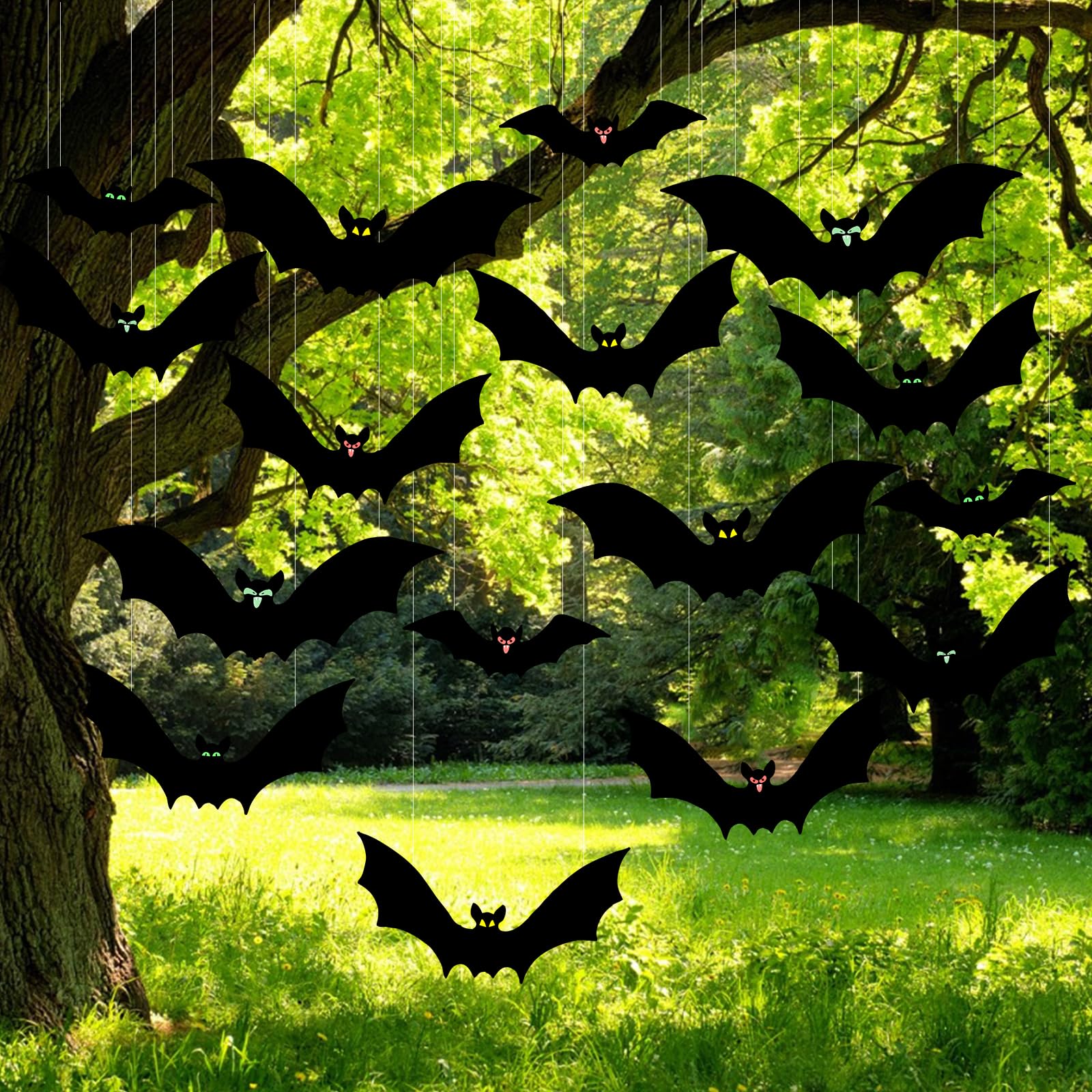 THECHAM 15Pcs Hanging Bats Halloween Decor, 3 Different Sizes Waterproof Flying Plastic Bats Outdoor, 72 Pcs Glowing Eye Stickers+Fishing String for Hanging in The Tree, Porch