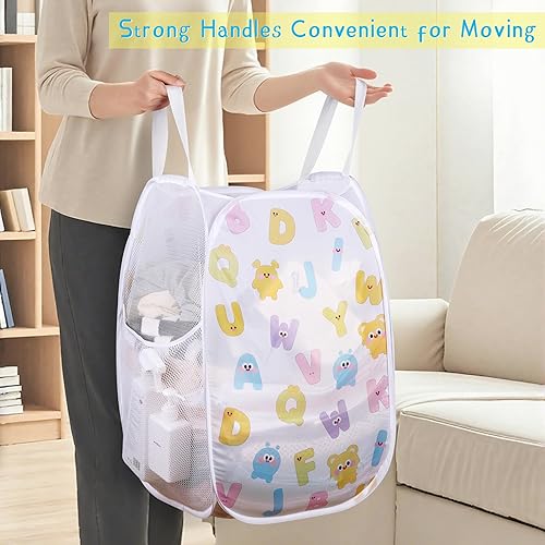 Miniatura 5 de Cesta desplegable plegable para almacenamiento de ropa de bebé o juguetes, cesta de malla con asas y bolsillo lateral, cesta de lavandería multiusos