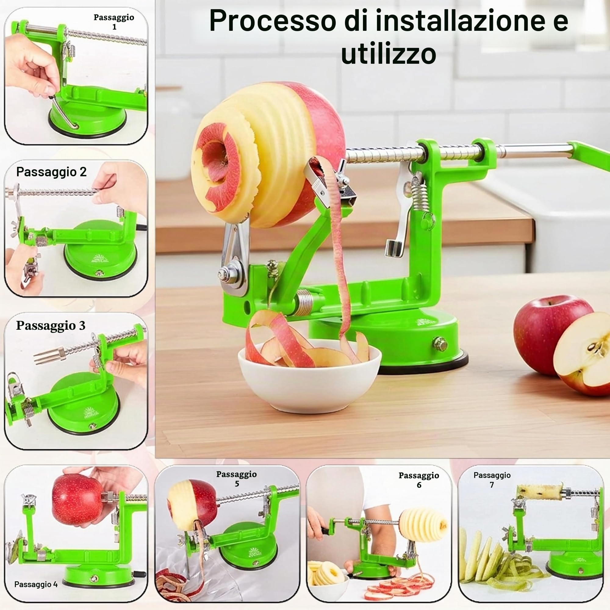 ARSUK Sbuccia Mela - Pelatore, Affettatore e Levatorsoli, Pelapatate Frutta Verdure e Patate Pela 3 in 1 - Pelamele Macchina, Corpo Ghisa, Lama Regolabile in Acciaio Inox, Base a Ventosa Antiscivolo