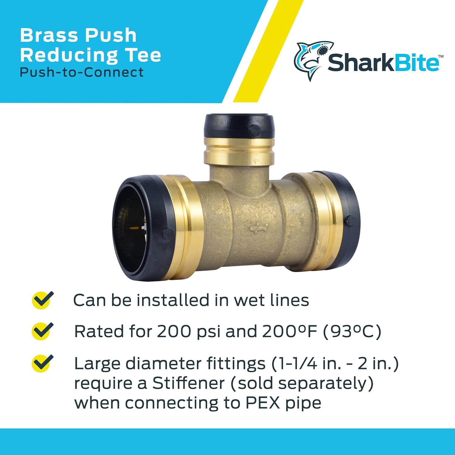 SharkBite 2 Inch x 2 Inch x 1-1/4 Inch Reducing Tee, Push To Connect Brass Plumbing Fitting, PEX Pipe, Copper, CPVC, PE-RT, HDPE, UXL08545435