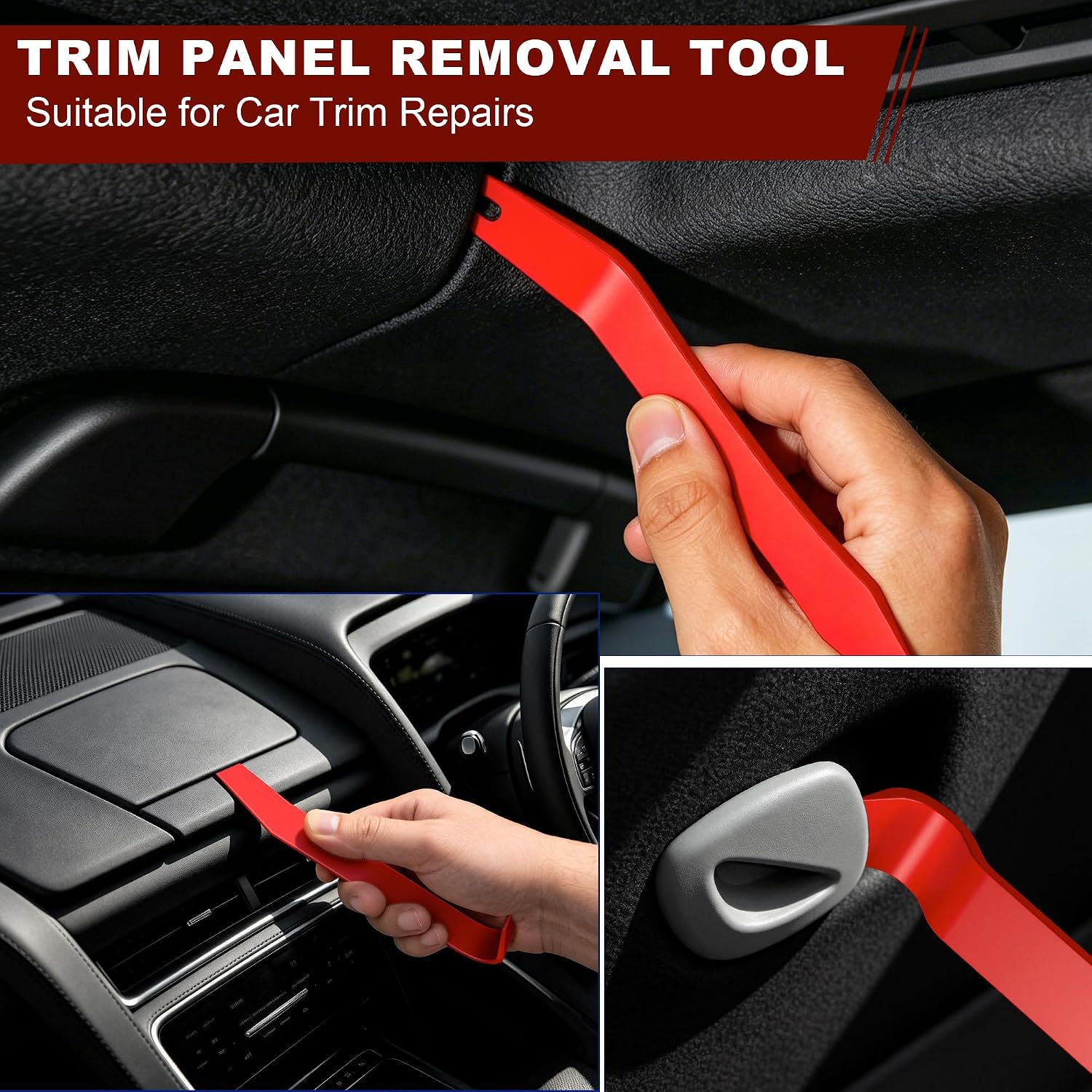 10 Pcs Car Trim Removal Tool Kit with Non-Scratch Plastic Pry Tool and Auto Clip Pliers, Automotive Car Trim Rivet Clip Removal Tool for Door Panel Dashboard Body Repair Kit - Red