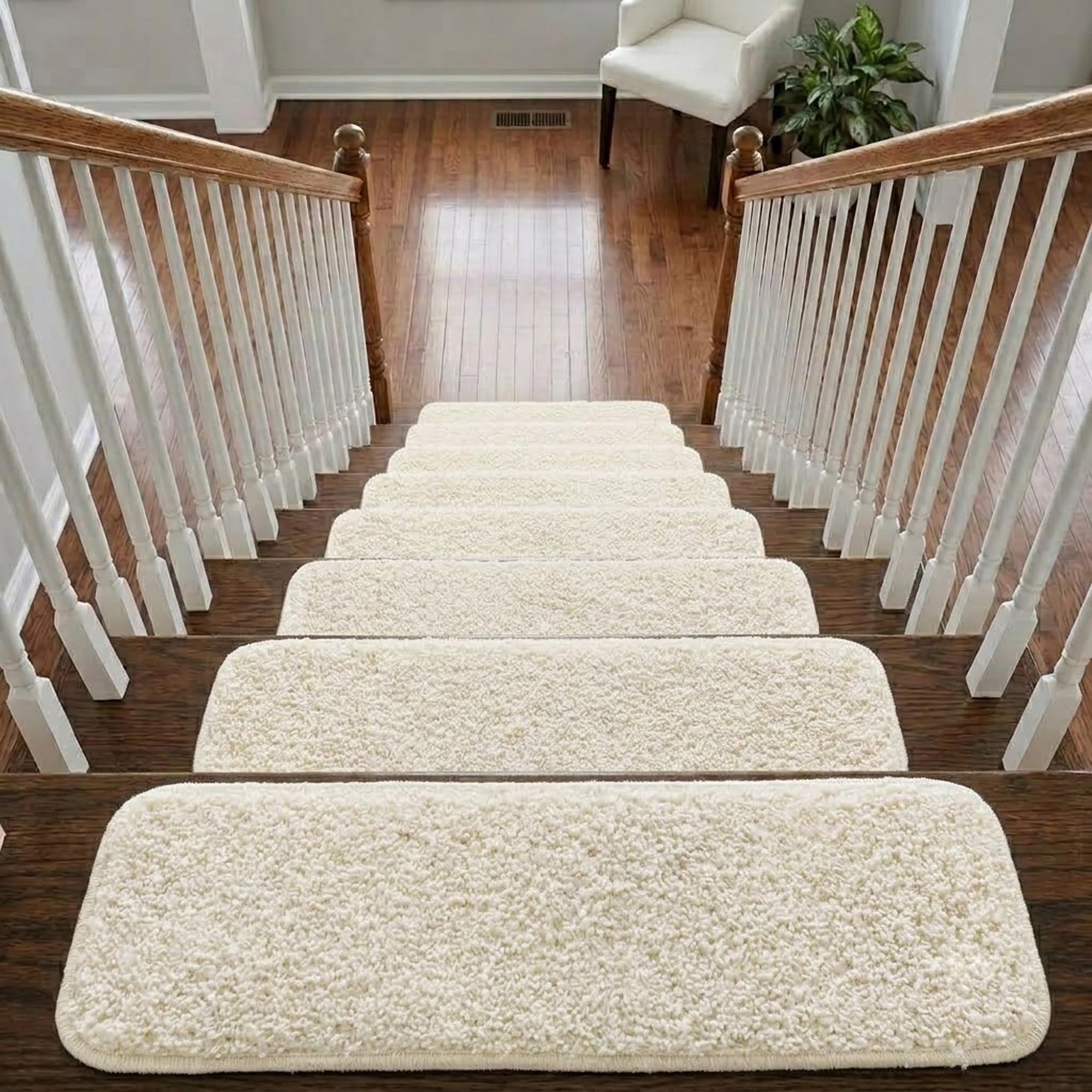 Soft Shaggy Stair Treads Non Slip Machine Washable Carpet Mats 22x67cm 30mm Thick Plush Stair Rugs for Wooden Stairs Indoor Anti Slip Step Mats Safe for Kids Pets Hallway Home (Cream, 7) โ image 1