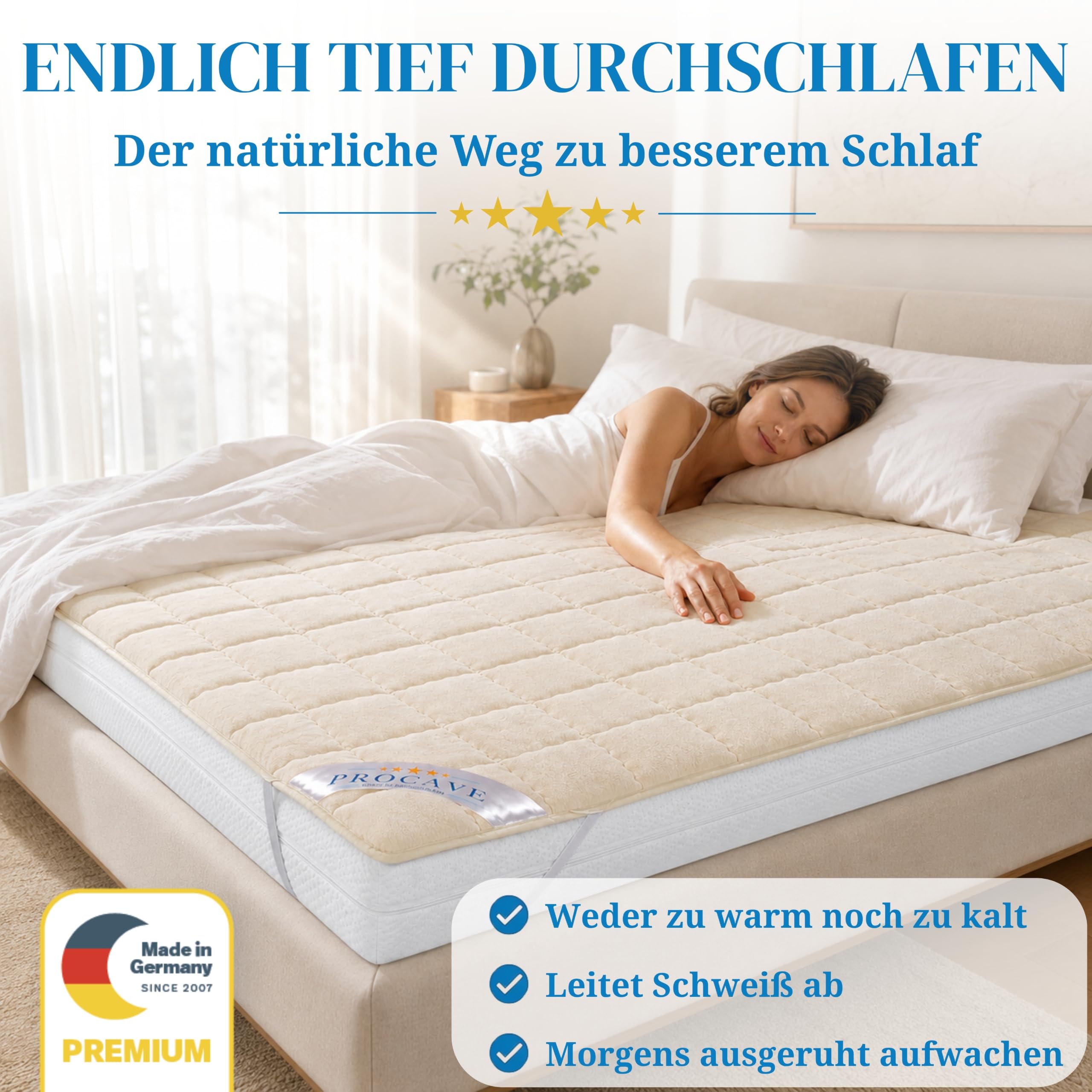 PROCAVE weiches Unterbett aus Schurwolle, atmungsaktiver Matratzen-Schoner, Matratzenbezug mit 4 Eckgummis,Matratzen-Auflage 180x200 cm