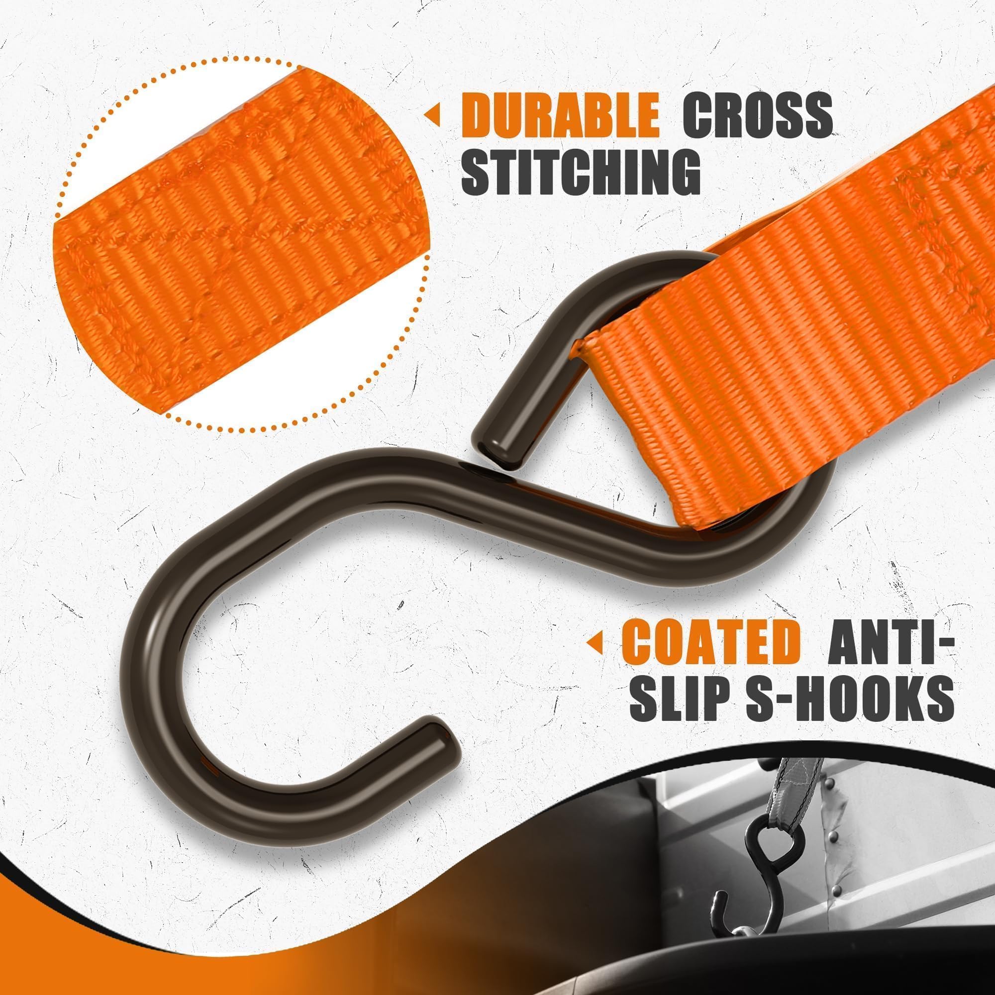 AWELCRAFT Lot de 4 Sangles à Cliquet – 680 kg de Résistance à la Rupture, 4,5 m de Longueur, Orange avec Crochets en S & Boucles Souples – Idéal pour Moto, VTT, Bateau, Meubles, Déménagement