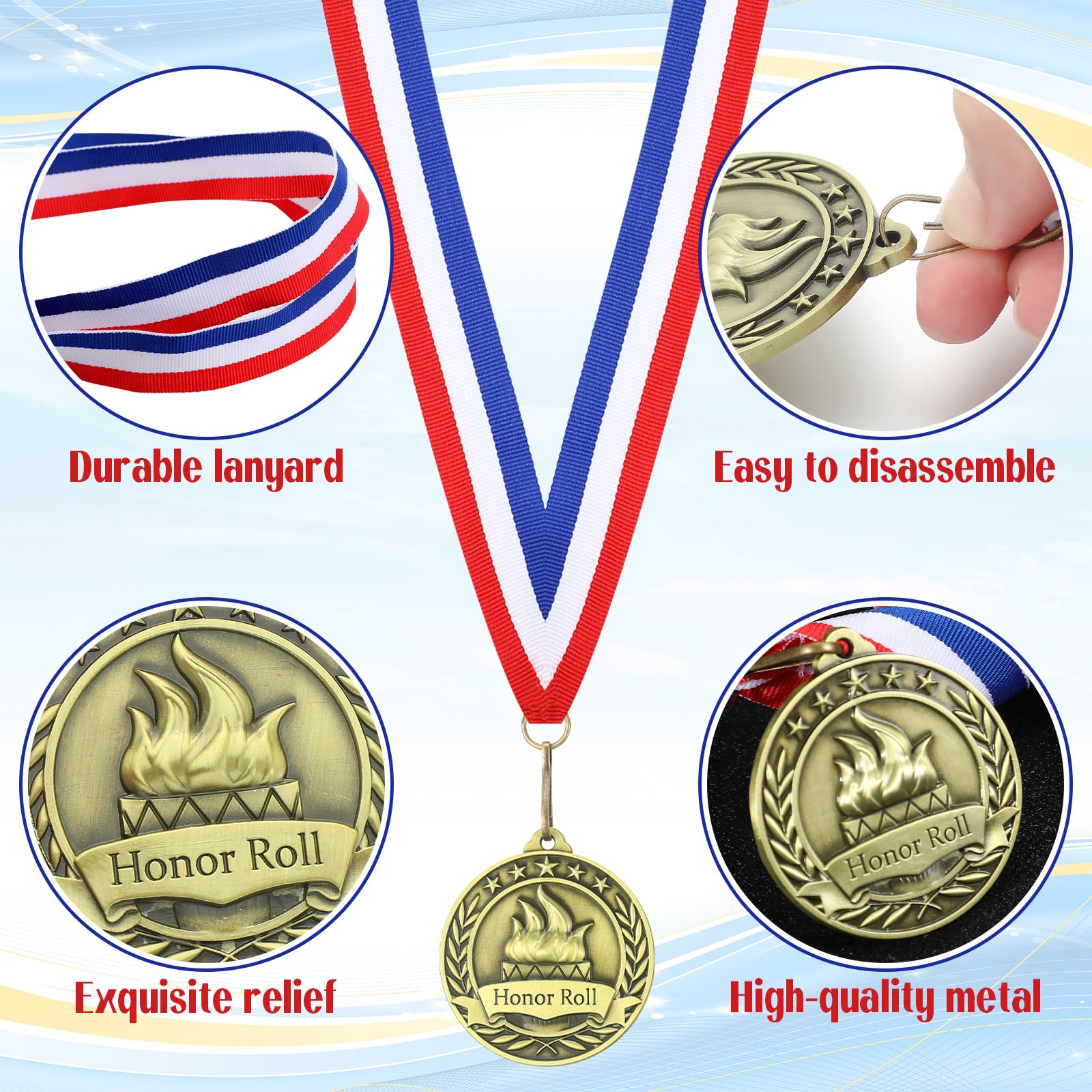 Medallas de premio de honor con cintas para el cuello, 2 pulgadas de metal de bronce, trofeo 3D, regalo para lectura, participación exitosa, graduación, torneos escolares, honor deportivo