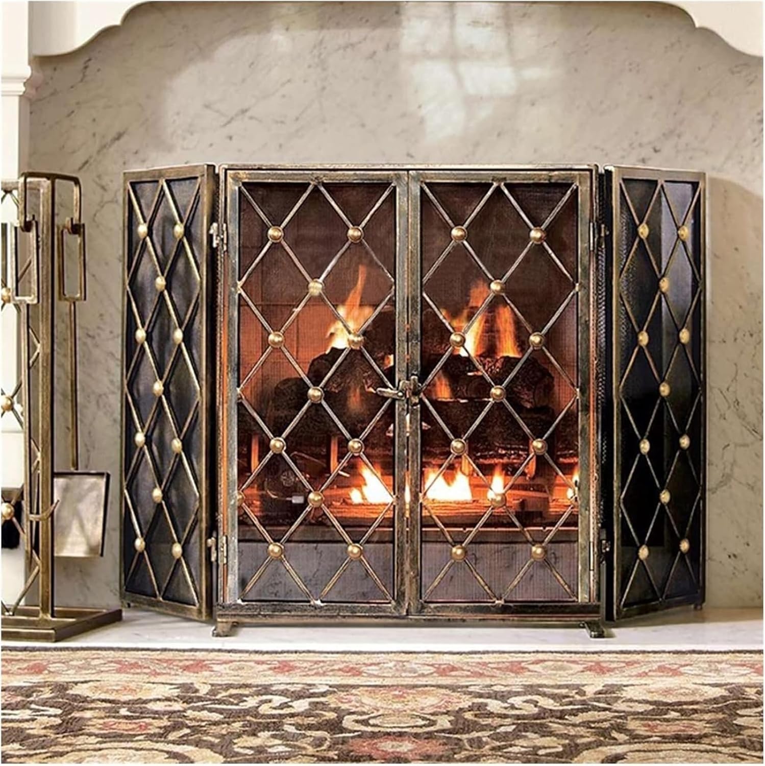 JKGHK 3 Panel Fireplace Screen with Doors, Folding Metal Safe Proof Fire Fence Screen, Interior Spark Guard Cover, Locking Mesh Fireplace Cover for Bedroom, Home Decor(Black)