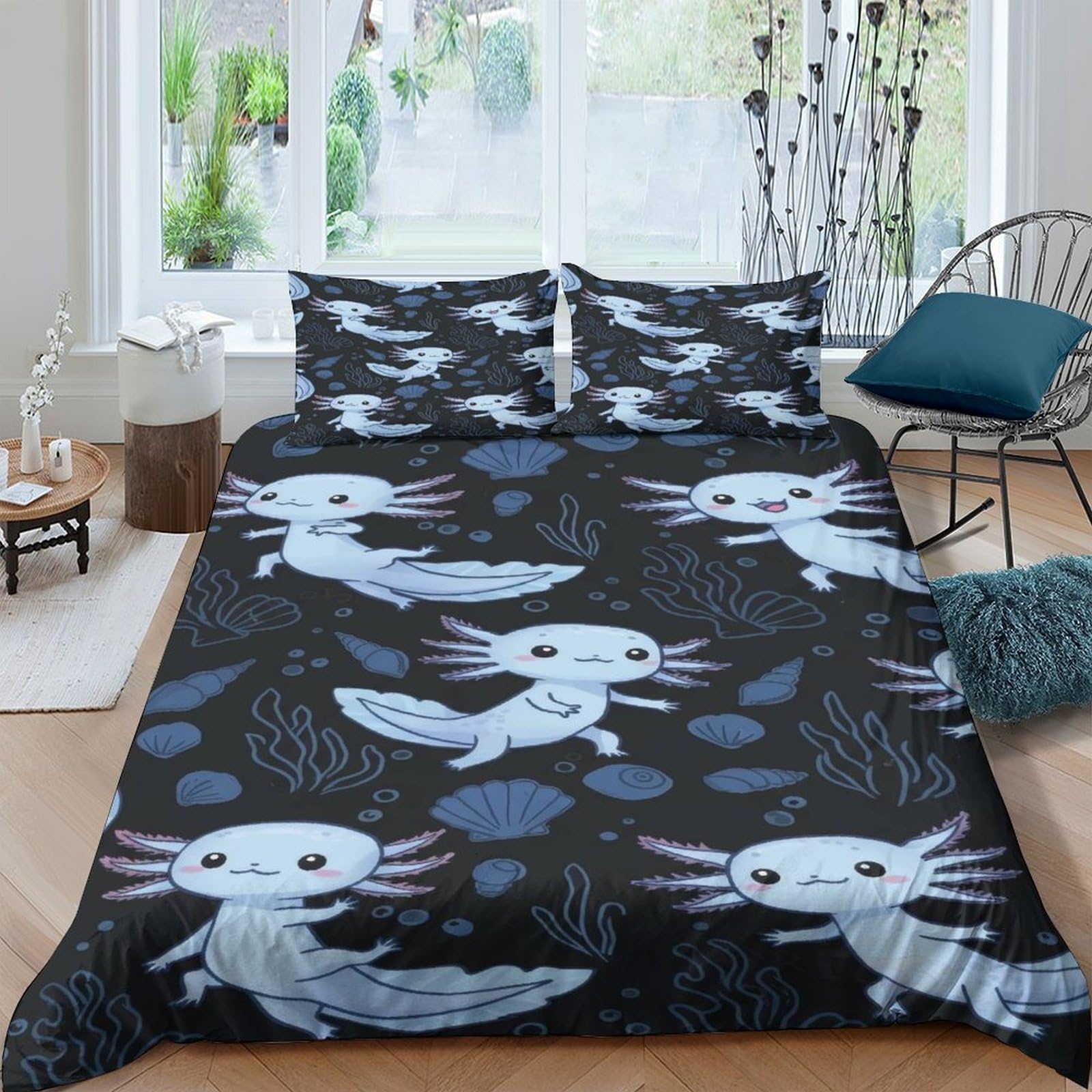 P5V6M1Q9 3D Printed Cute Axolotl Duvet Cover Microfiber Soft Breathable Cartoon Bedding Set with 2 Pillowcases for Bedroom Decor Single（135x200cm）