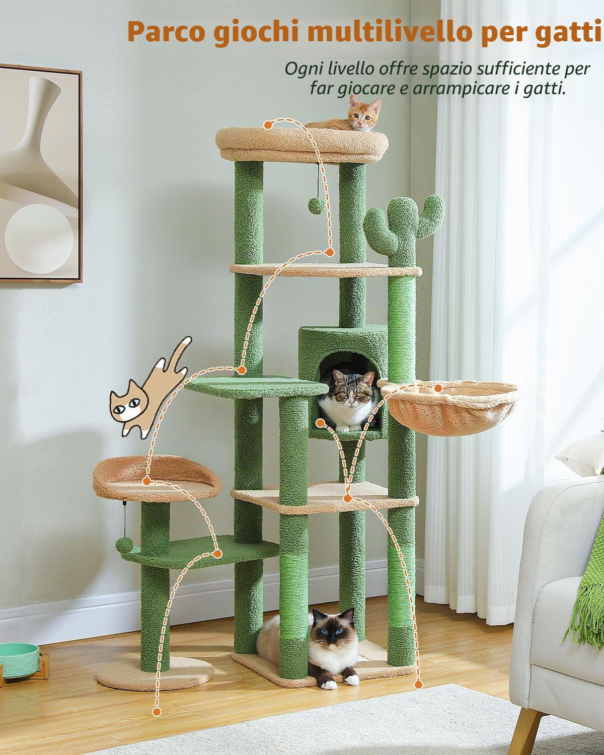 PETEPELA Albero alto per gatti grandi, torre multilivello con amaca, tiragraffi e 2 posatoi