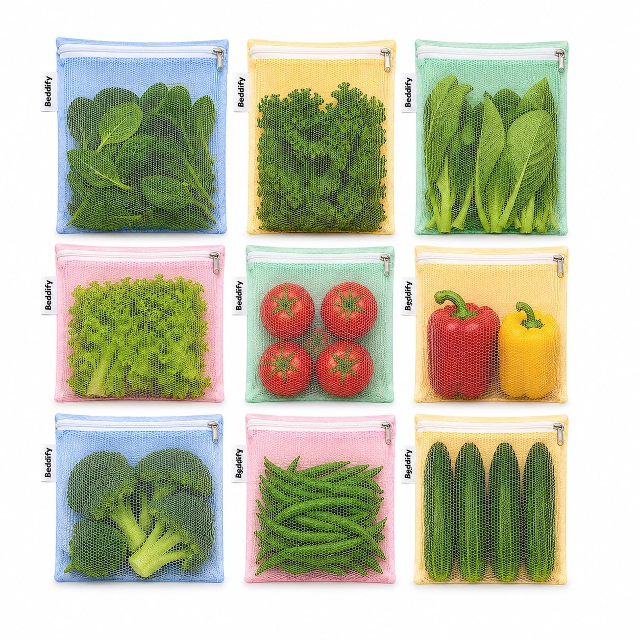 Beddify Set of 9 Reusable Fridge Storage Bags for Vegetables and Fruits With Zipper Dual Layer Mesh Net Multipurpose Multi-Size Kitchen Storage Bags Organizer (Multi-Color)
