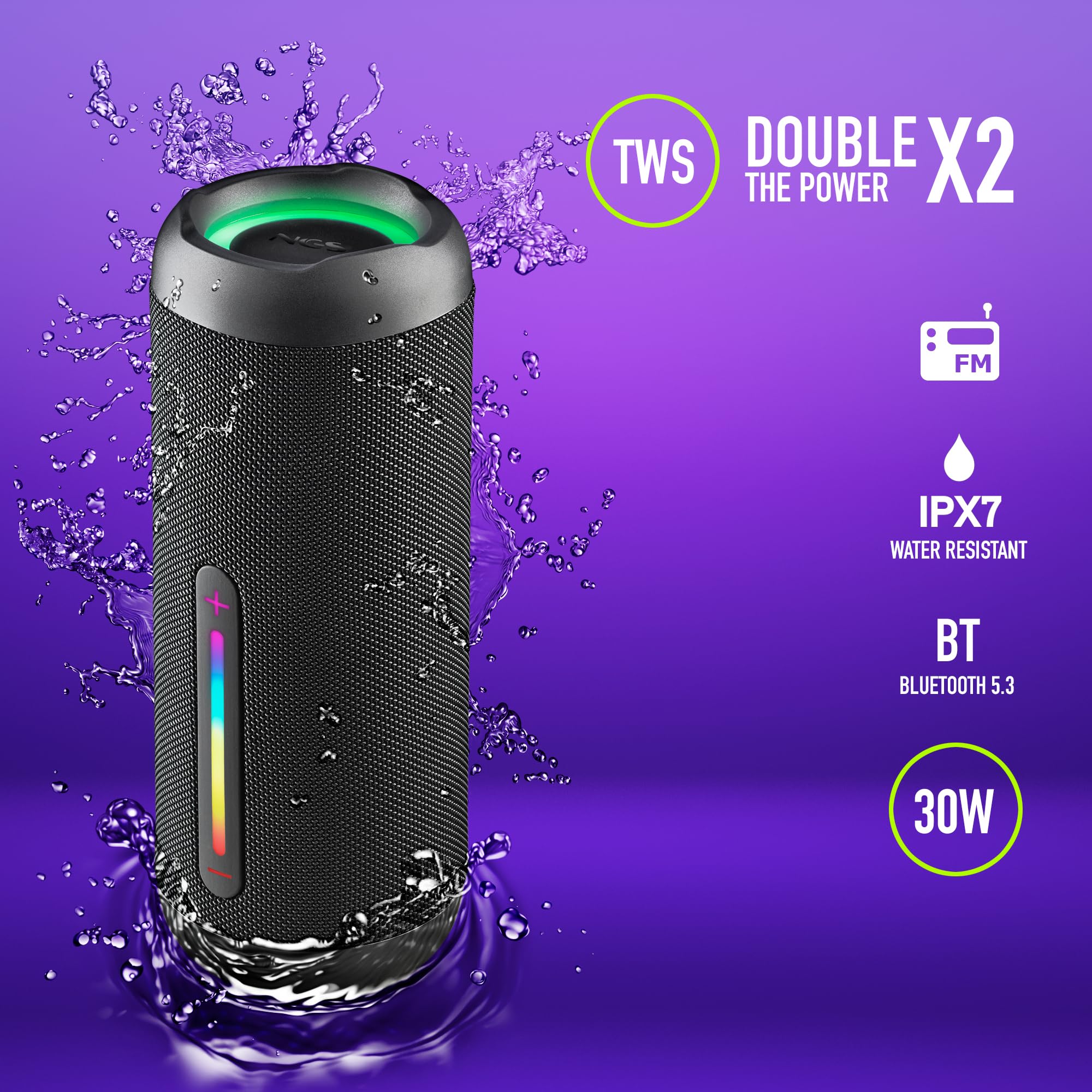 NGS Roller Furia 2 Black - Altoparlante Wireless Compatibile con Bluetooth, Impermeabilità IPX7, 30 W, True Wireless, USB, Durata Batteria 9 Ore, Nero