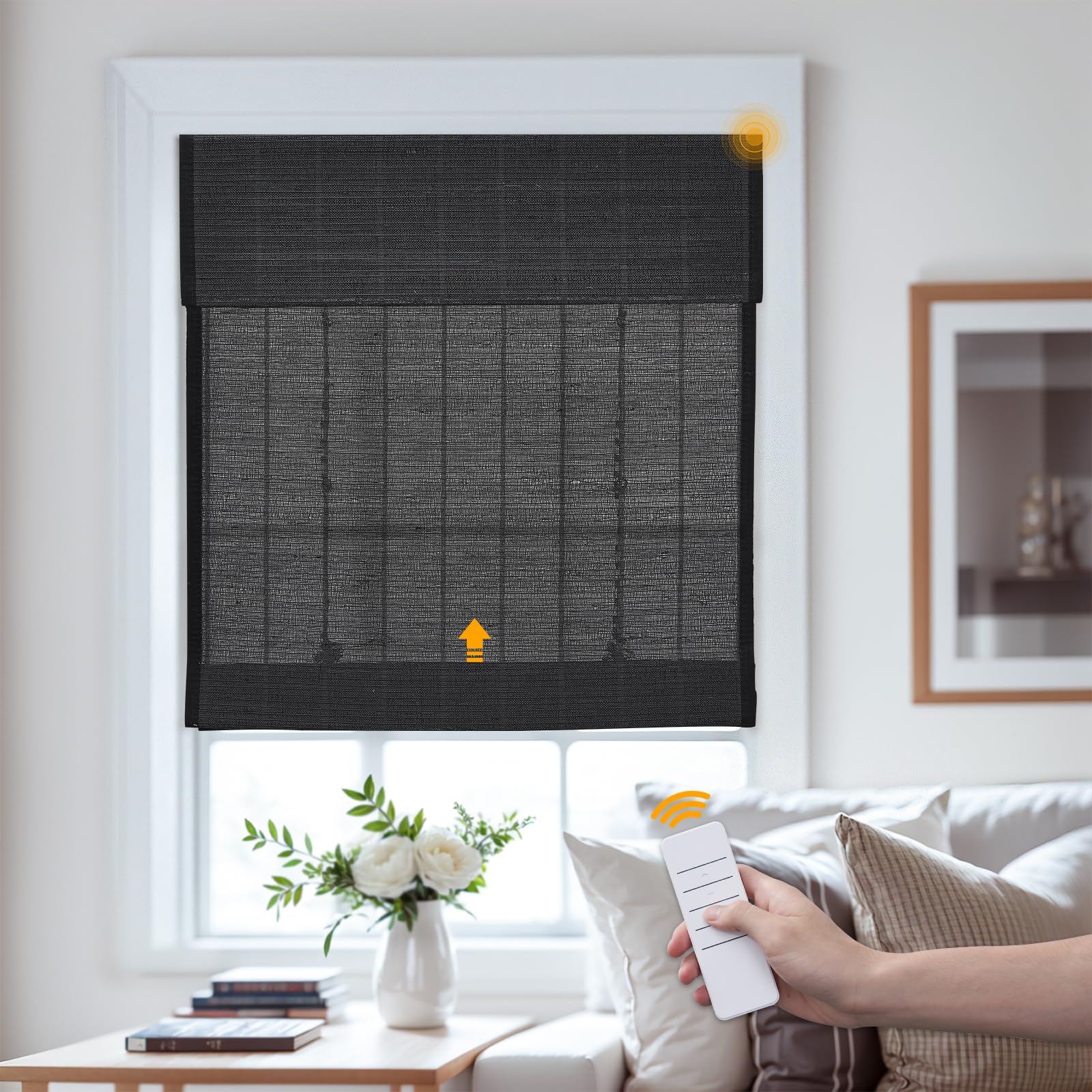 Keego Motorized Roman Blinds for Windows with Remote Control,Custom Cordless Automatic Roman Shade Natural Fabric Roman Window Shades Blinds Black(No Lining,Block 40%-50% Light) 24" W x 48" H