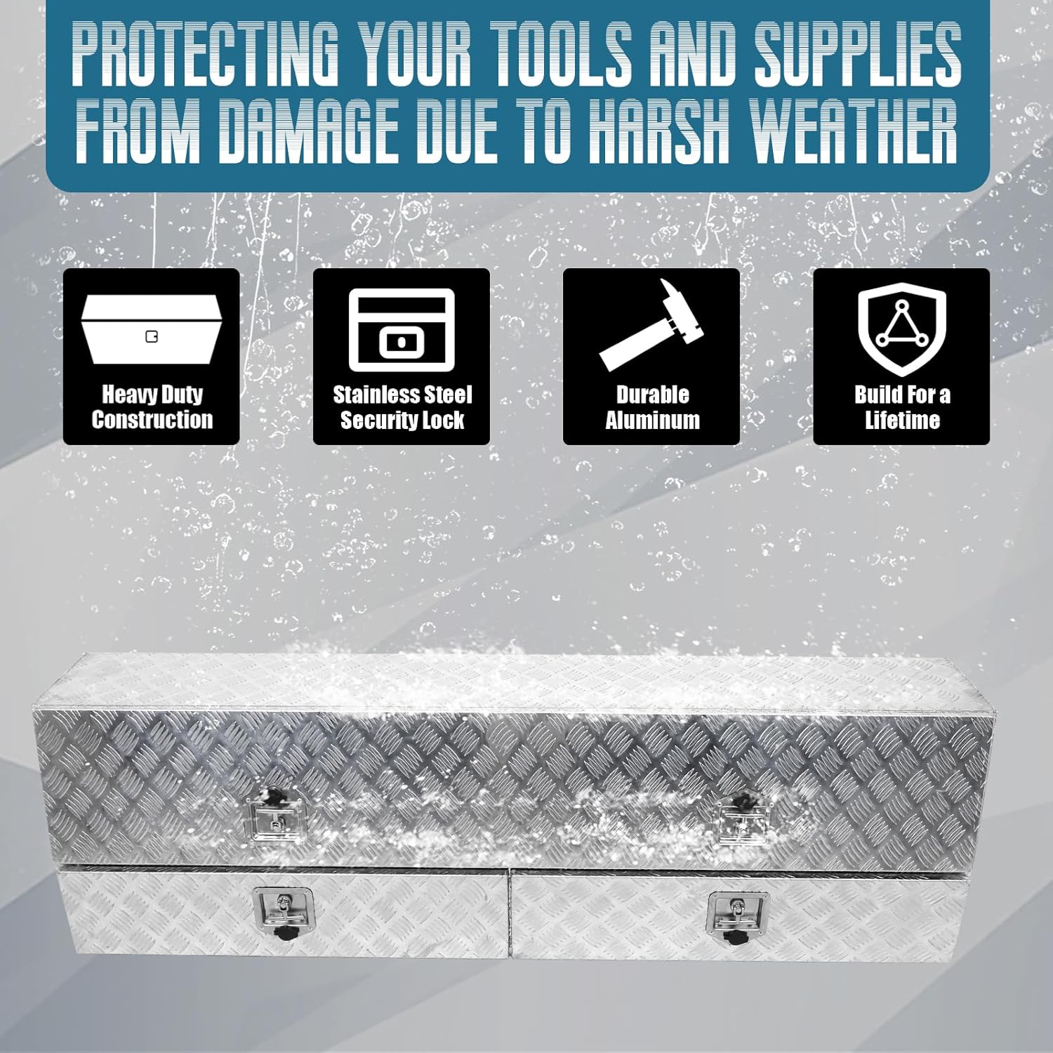 confote Aluminum Stripes Plated Truck Tool Box Pick Up Truck Bed Tool Box Truck Storage Box Two Lower Drawers Waterproof Toolbox Storage Organizer with T-Handle, Lock and Keys,72" x 21" x 13.5"-Silver