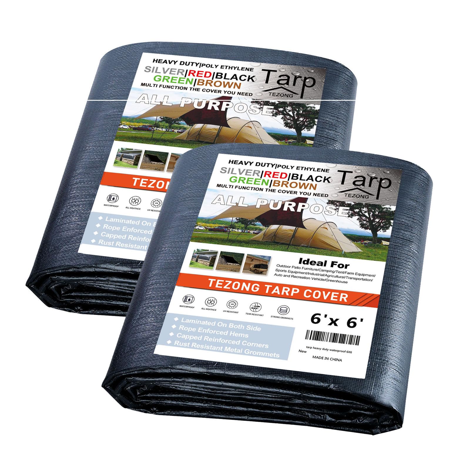 Tarps Heavy Duty Waterproof 6x6ft,TEZONG Black Tarp 12Mil Plastic Tarpaulin Outdoor Tarp Cover for Emergency Rain,Patio Furniture,Wood,Roof,Camping,