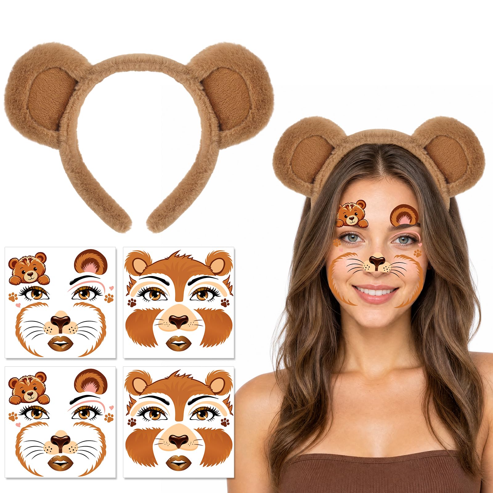 HOWAF Bear Ears Headband & Halloween Face Tattoos Sticker, Bear Headband for Bear Costume, Carnival Halloween Costume Women Men