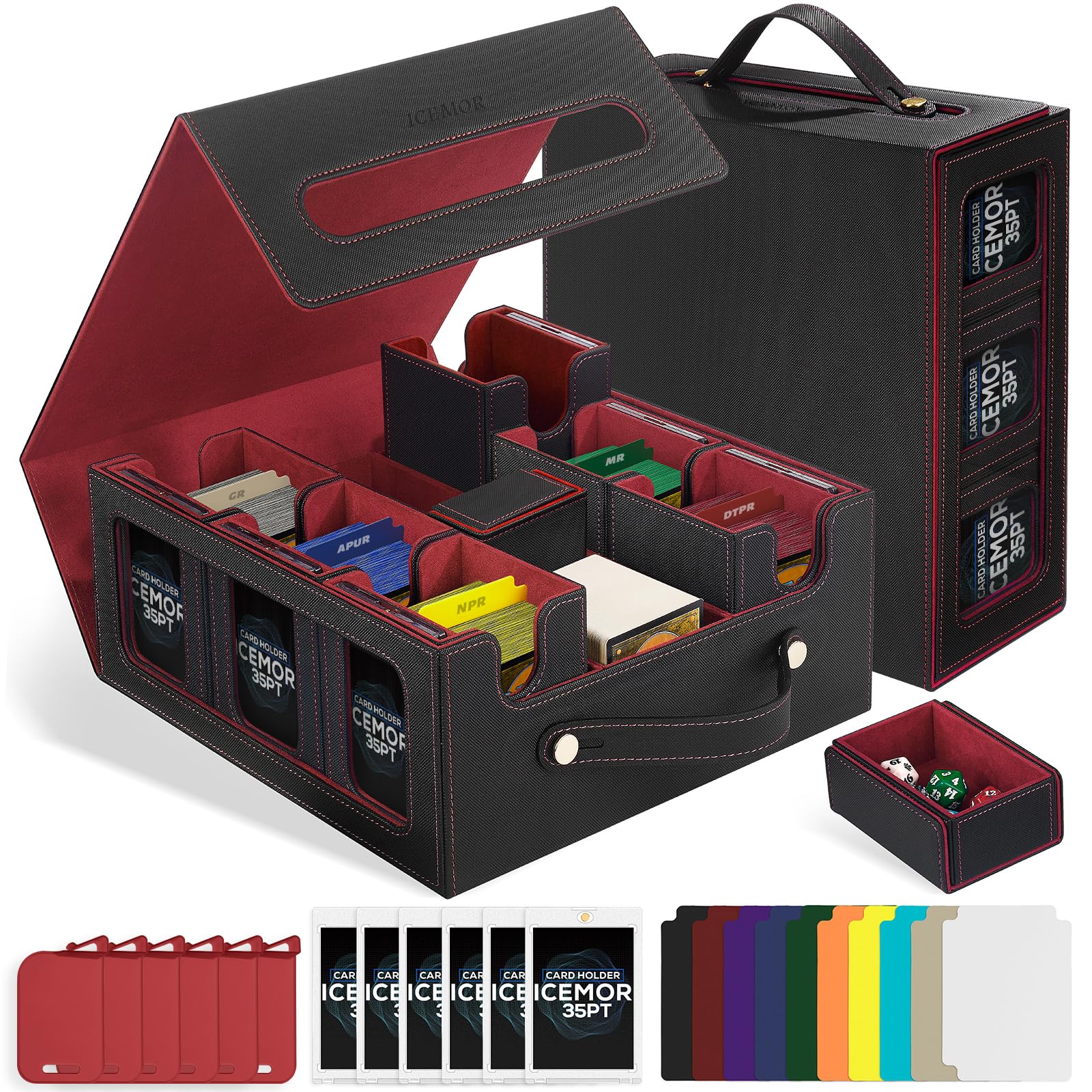 ICEMOR Trading Card Storage Box with Handle,Commander Deck Box for MTG&TCG,7 in 1 MTG Deck Box with 6 Toploaders, 6 Stoppers, 10 Colorful Dividers.(Black & Red, 7 IN 1)