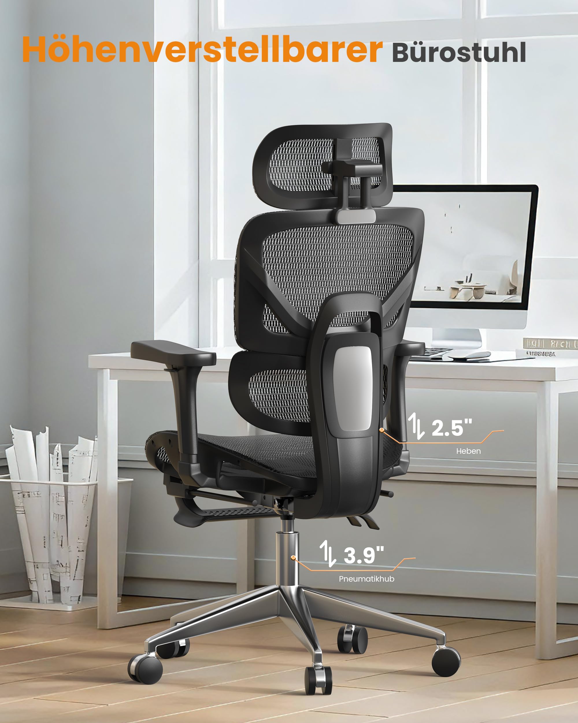 naspaluro Bürostuhl Ergonomisch, Schreibtischstuhl mit hoher Rückenlehne aus Netzgewebe, Belastbarkeit 160 kg, 3D-Armlehnen, Kopfstütze, Fußstütze, Office Chair für Home, Arbeit und Gaming