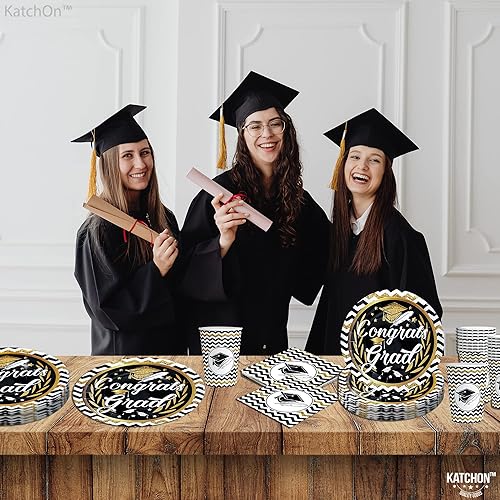Miniatura 3 de KatchOn, Platos y servilletas de graduación dorados y negros 2025 - Sirven a 25 personas | Suministros de decoración para fiesta de graduación |