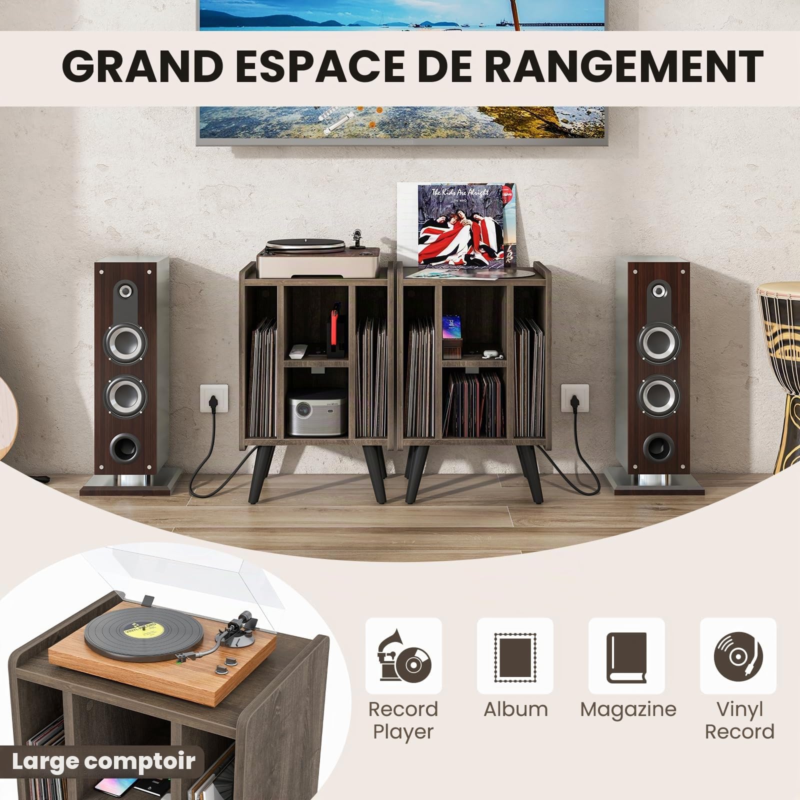 KOMFOTTEU Meuble Platine Vinyle avec Station de Charge, Support de Tourne-disque, 4 Compartiments ouverts, Étagère de présentation, Meuble Tourne-disque, 43 x 34,5 x 67,5 cm (Gris)