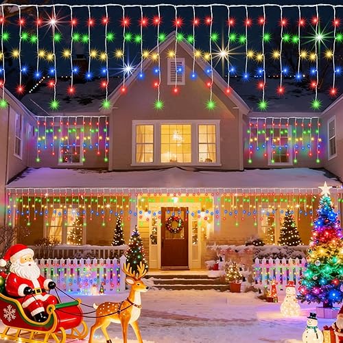 Pooqla Luces de carámbano de Navidad para decoración al aire libre, guirnalda de luces LED coloridas, 8 modos, 300 luces LED conectables de 30 pies,