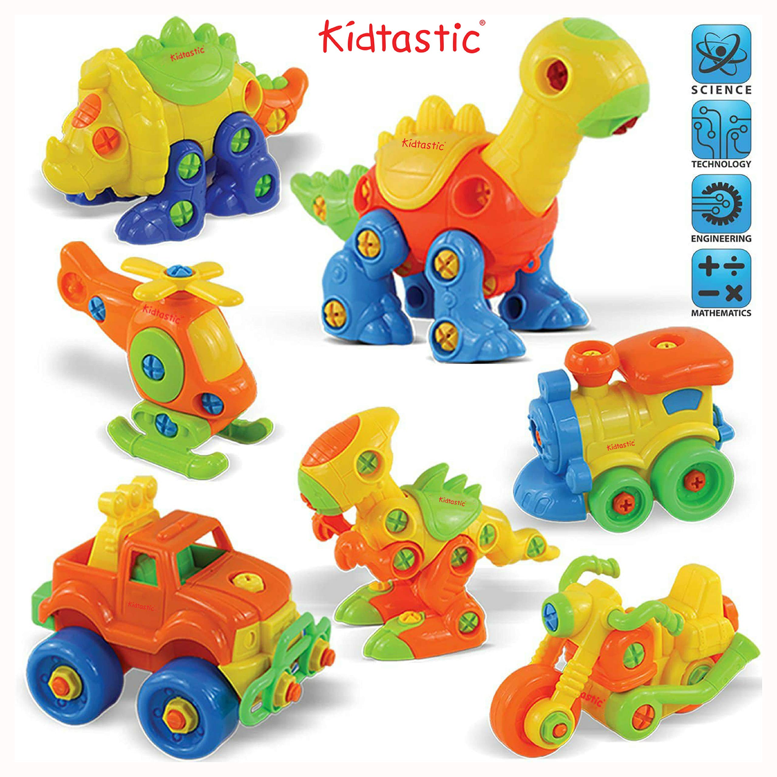Kidtastic Set of 7 Take Apart Toys, Dinosaurs, Helicopter, Train, Truck, Motorcycle, STEM