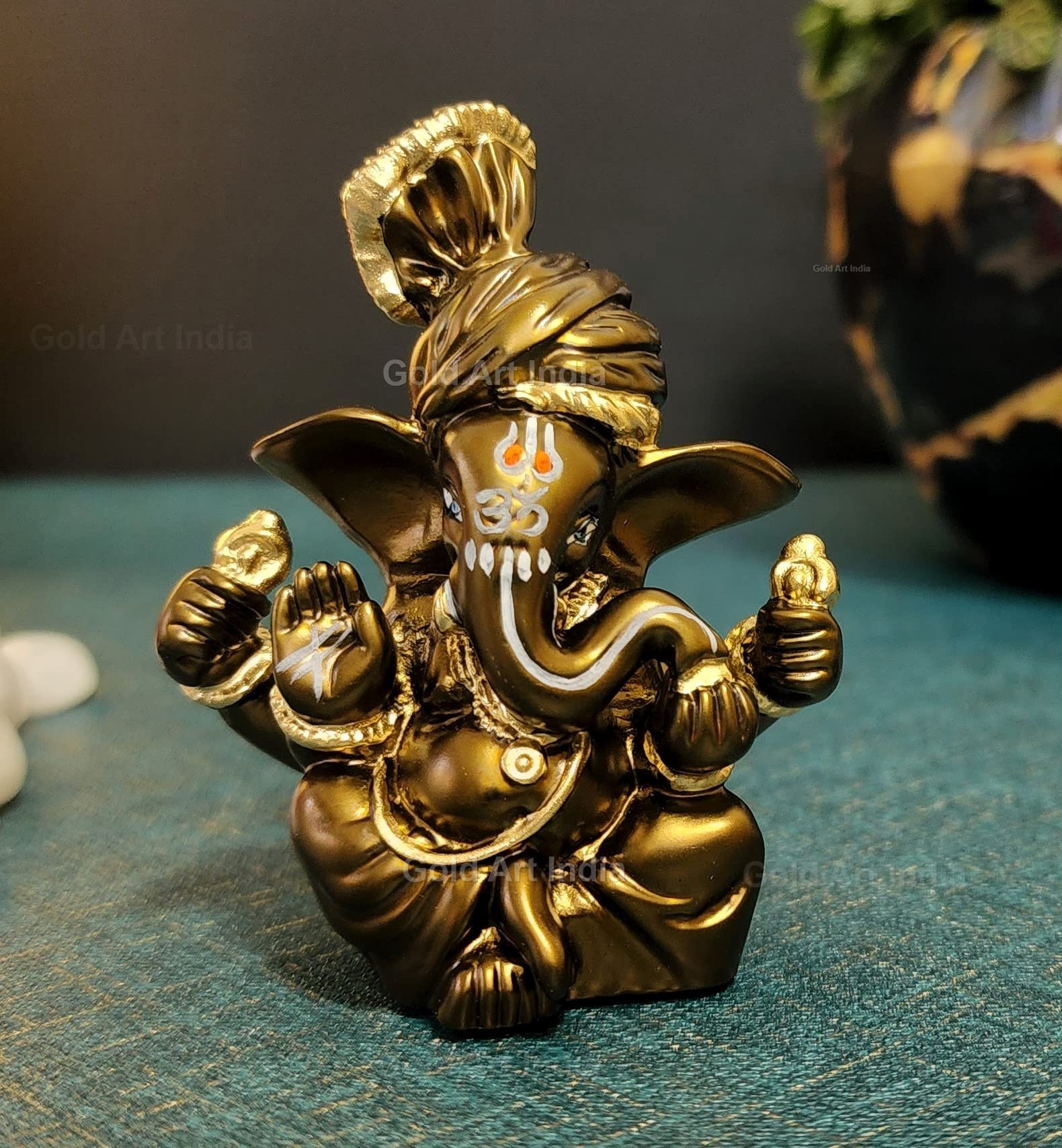 Gold Art India French Brown Ceramic Pagadi Ganesh Idol for Home Decor Ganesha Murti Ganpati Idol for Office Desk Puja Lord Ganesh Statue for Gifting Ganesh Idol for Mandir Pooja Room, Car Dashboard