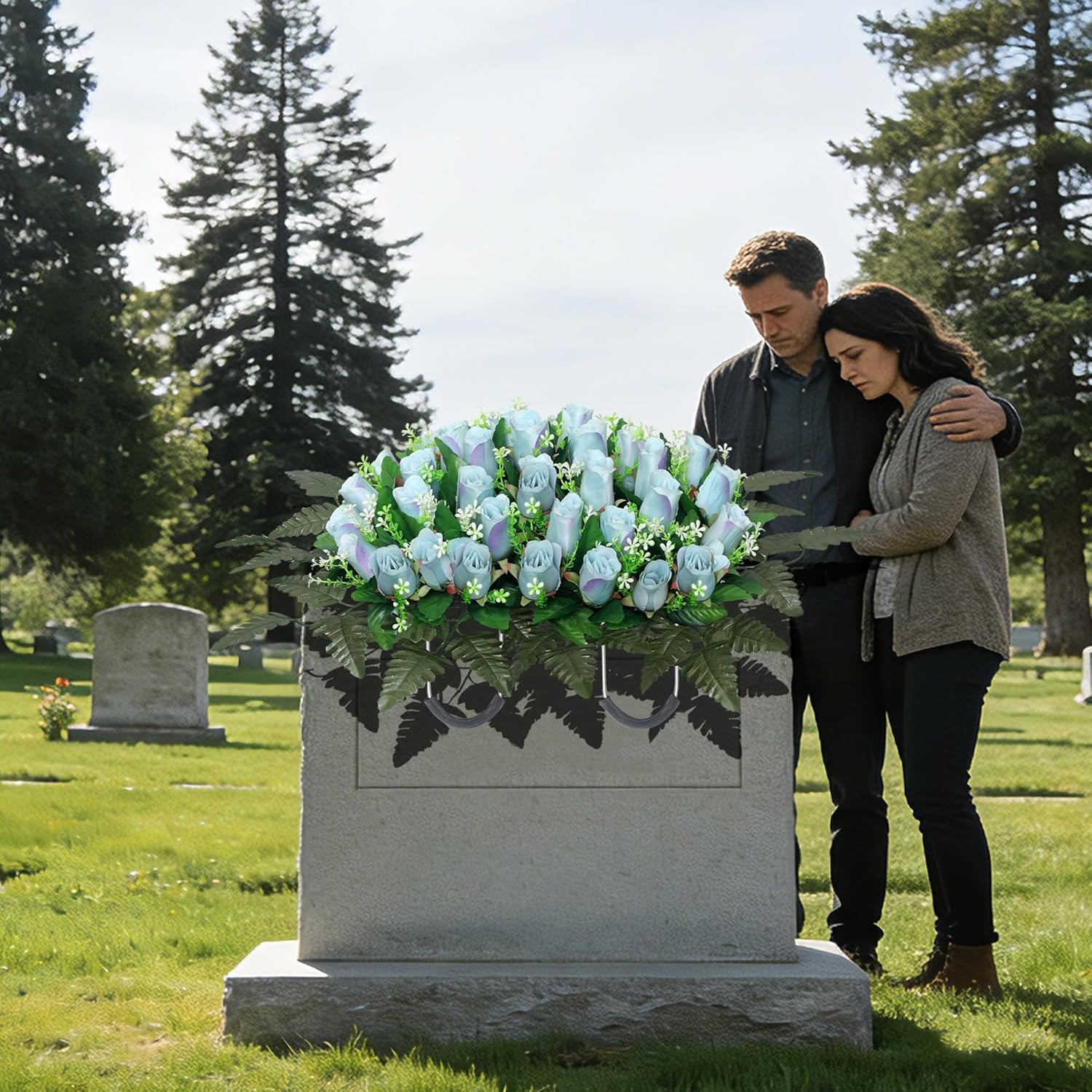 Wocst Artificial Cemetery Flowers for Grave Headstone Flower Saddle Realistic Grave Rose Flowers Memorial Flowers for Cemetery (Blue)