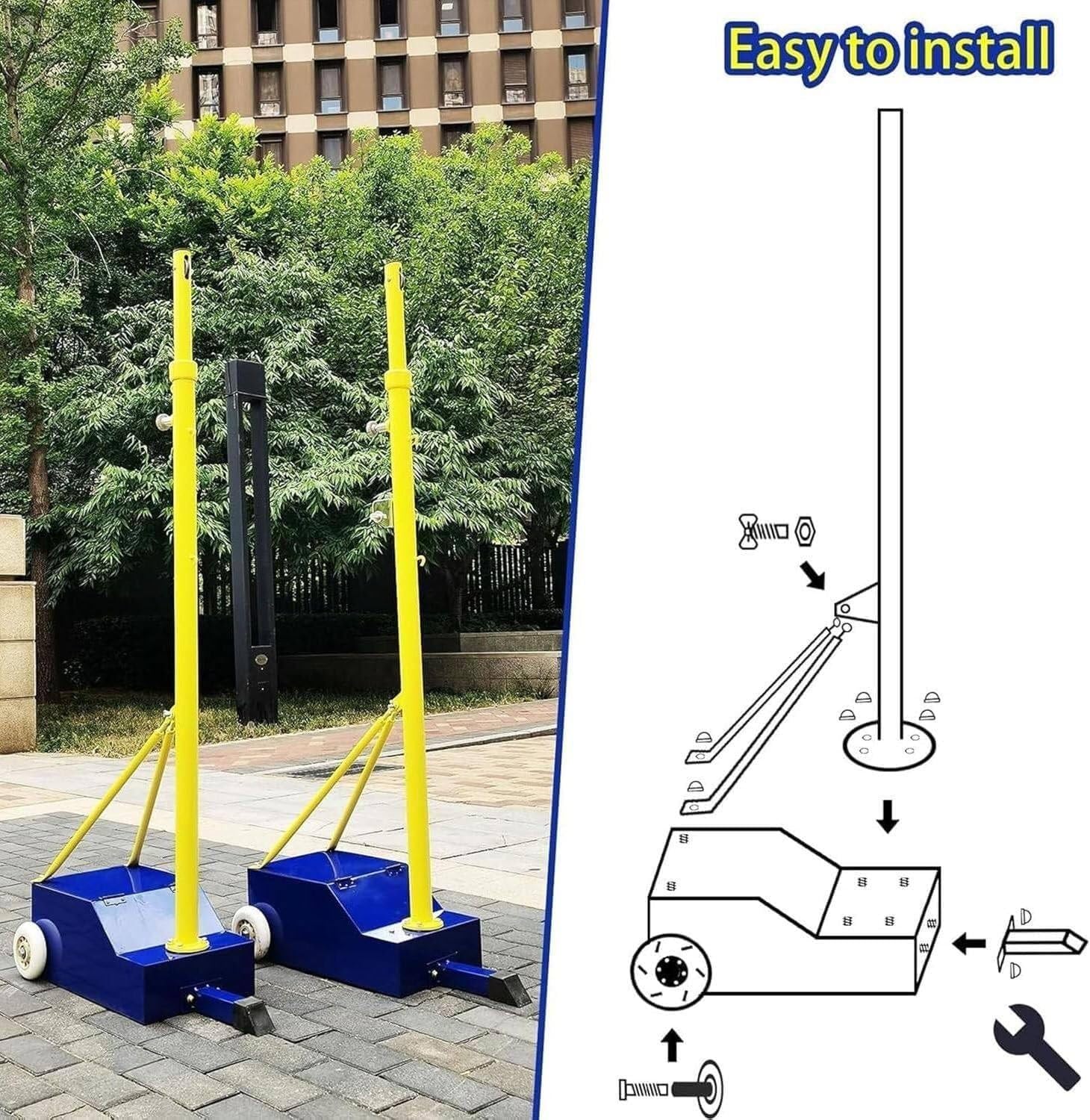 Volleyball Poles, Outdoor Heavy Duty Volleyball Pole, Badminton Net Stand Portable, with Moving Wheel Height Adjustable 1.55-2.1m, for Court/Beach/Driveway, Easy to Move