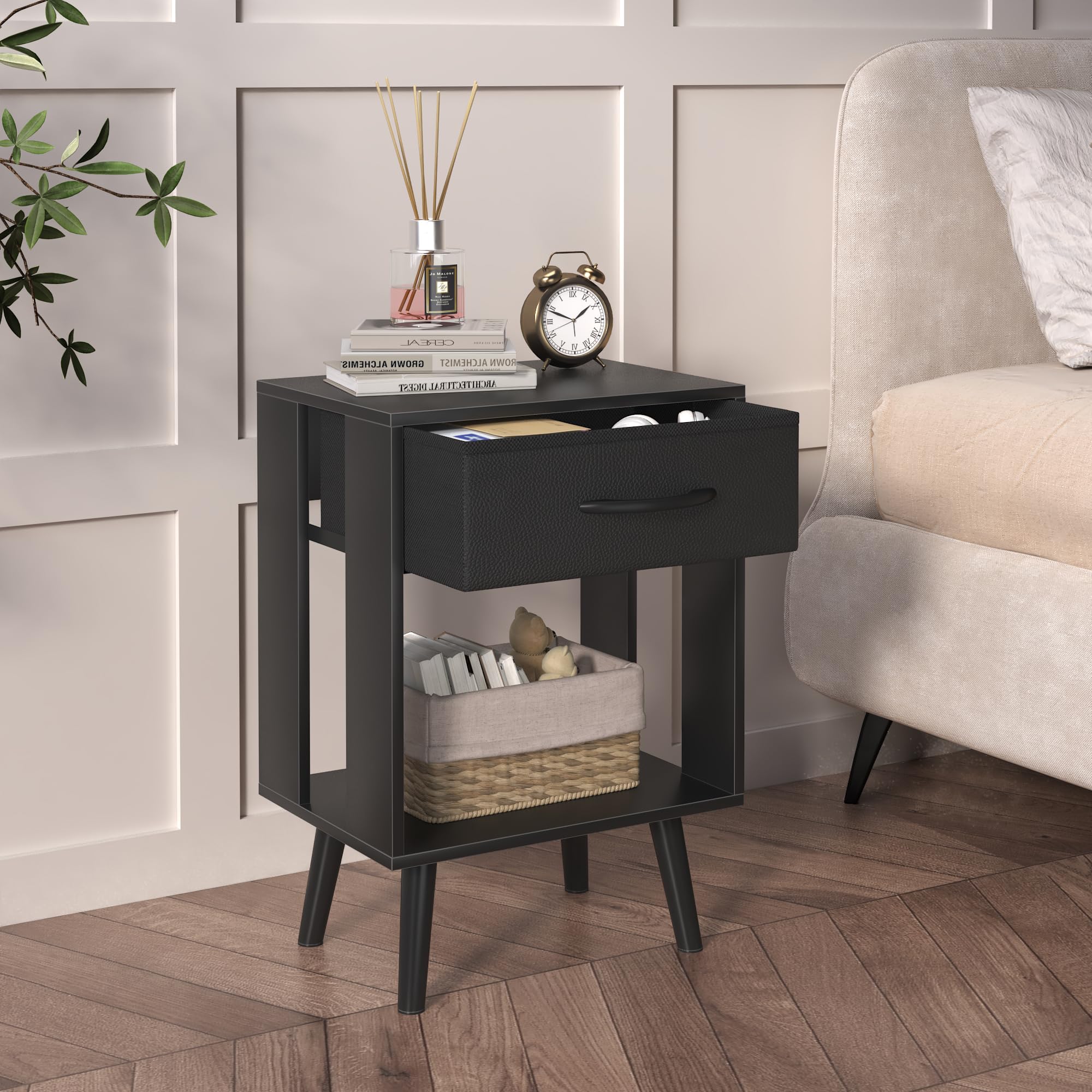 Nachttisch 2er Set, 40X 30 X 60.3cm Nachttisch, Klein Nachttische mit Schublade Nachtschrank für Schlafzimmer Kinderzimmer Zimmer Geschenk Bedside Table Nightstand, Schwarz