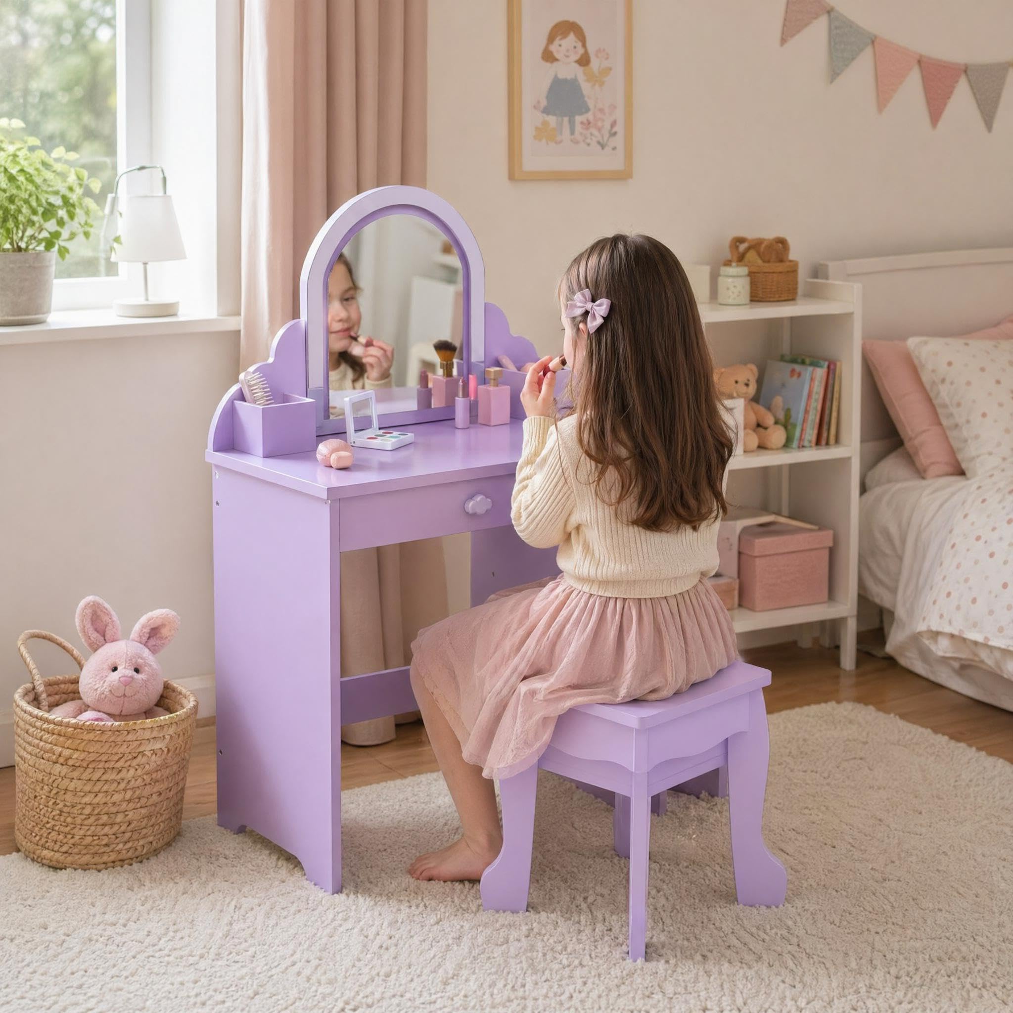 GarveeMore Kids Dressing Table with Mirror and Stool, Girls Wooden Dressing Table with Lights & Pretend Make-Up Set, Childrens Role Play Princess Room Accessories, Purple