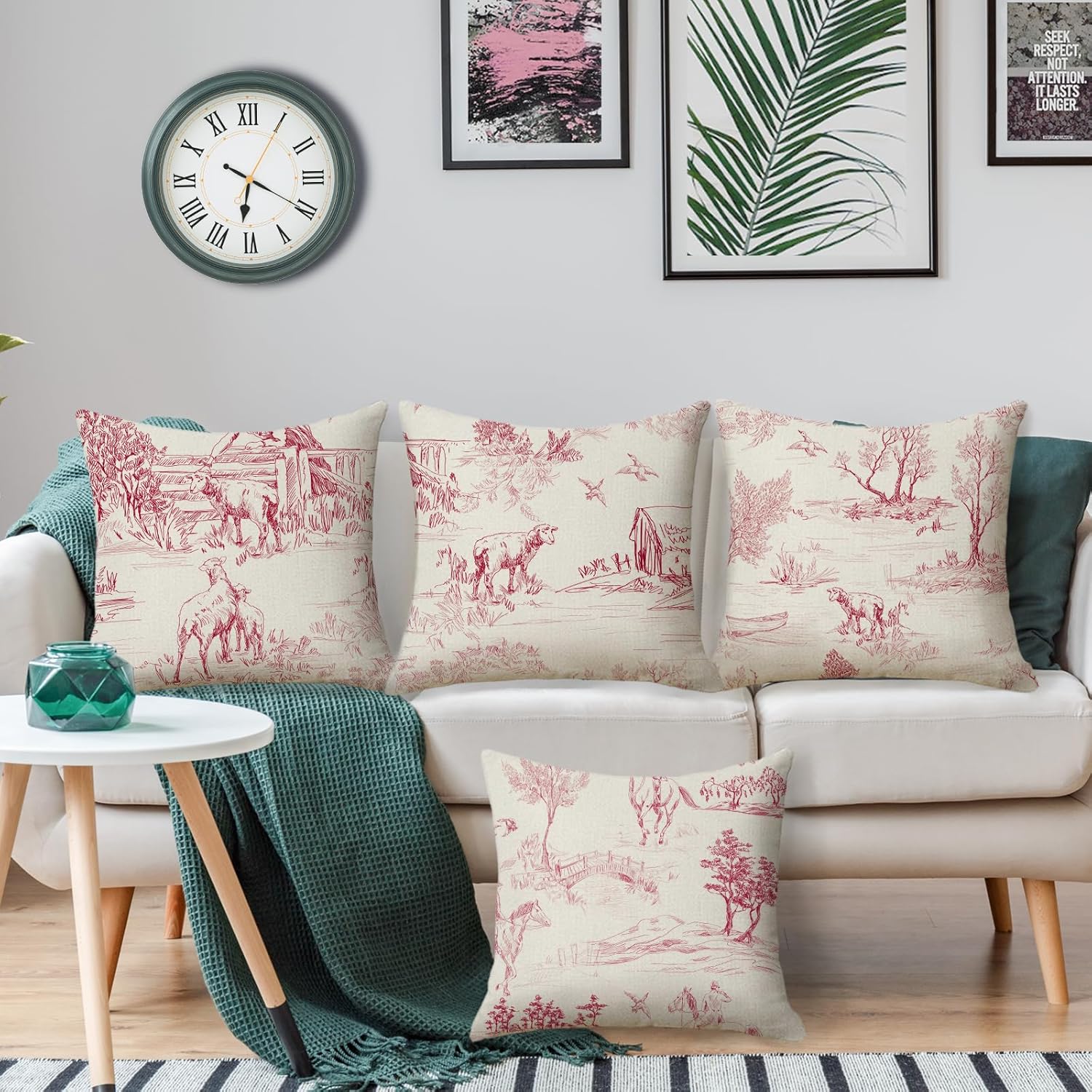 French Toile Throw Pillow Covers 18x18 inch Set of 4 French Country Pillow Cases Vintage Chinoiserie Decorative Cushion Covers for Sofa Living Room