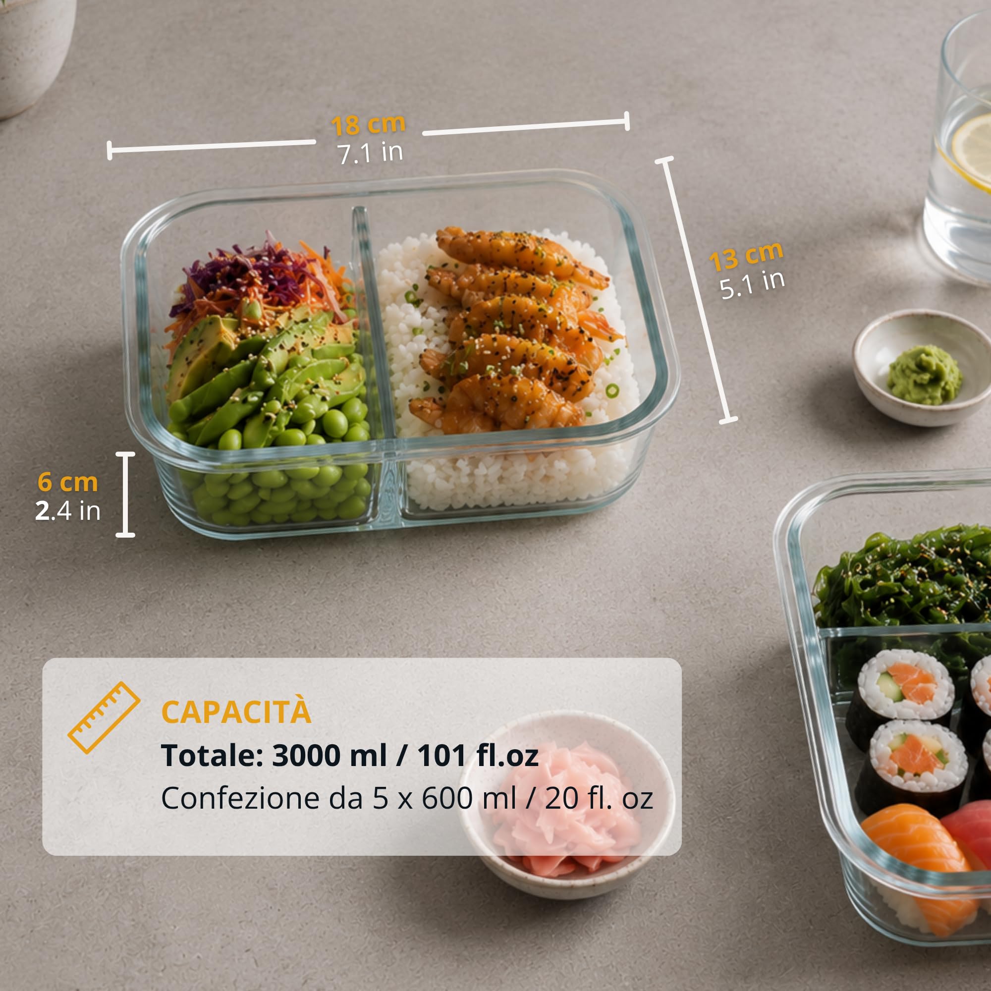 Winter Shore Contenitori Vetro con Coperchio e 2 Scomparti (5 Pezzi) - Bento Box di Qualità Alimentare, Senza BPA, a Prova di Perdite - Set Contenitori Vetro per Microonde, Freezer, Lavastoviglie