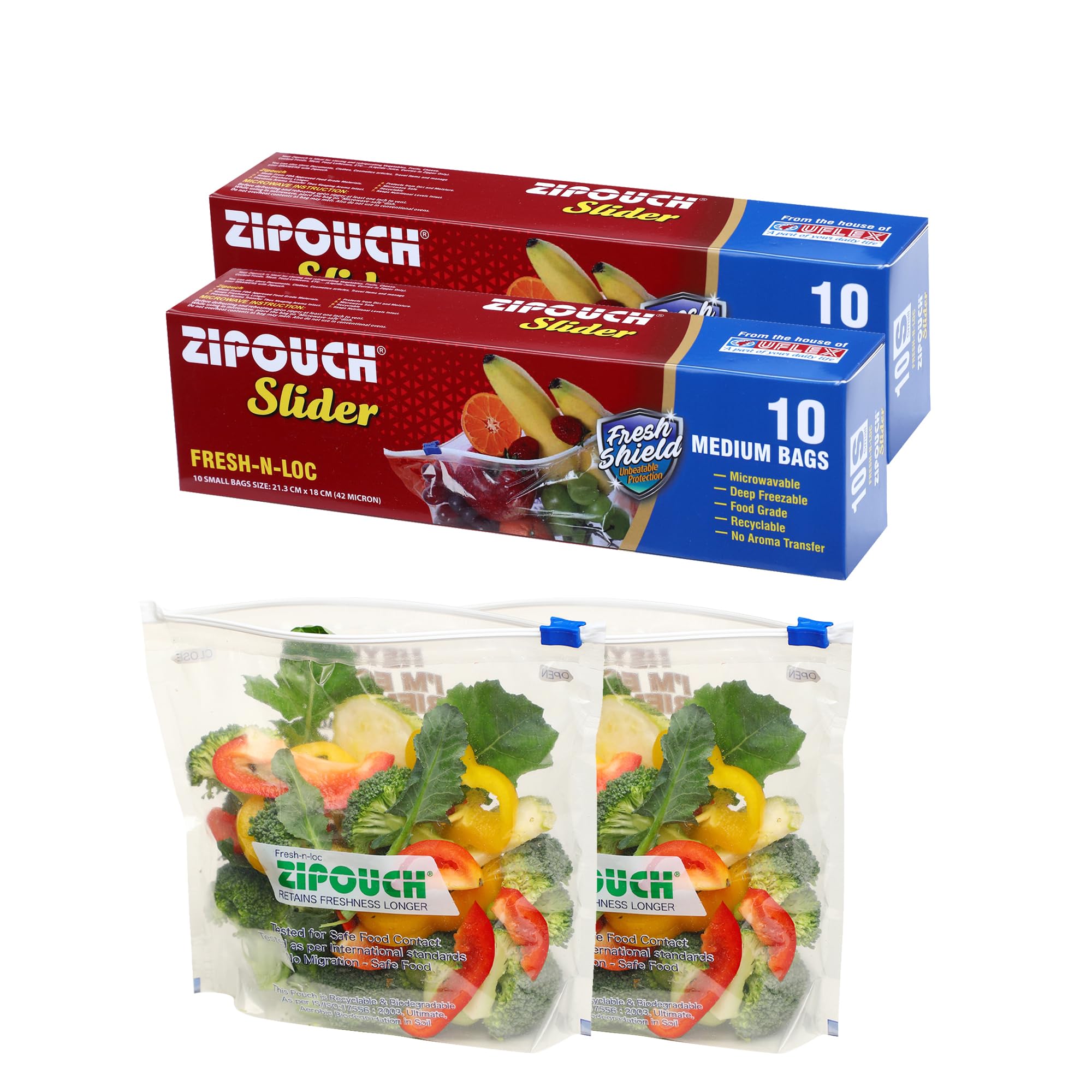 Zip Lock Bag with Slider | Medium Pack of 2 (20 Bags, 28×26 cm) | Reusable Freezer & Microwave Safe Ziplock Bags for Fridge Storage | Food Grade Zipper Pouch for Kitchen & Travel