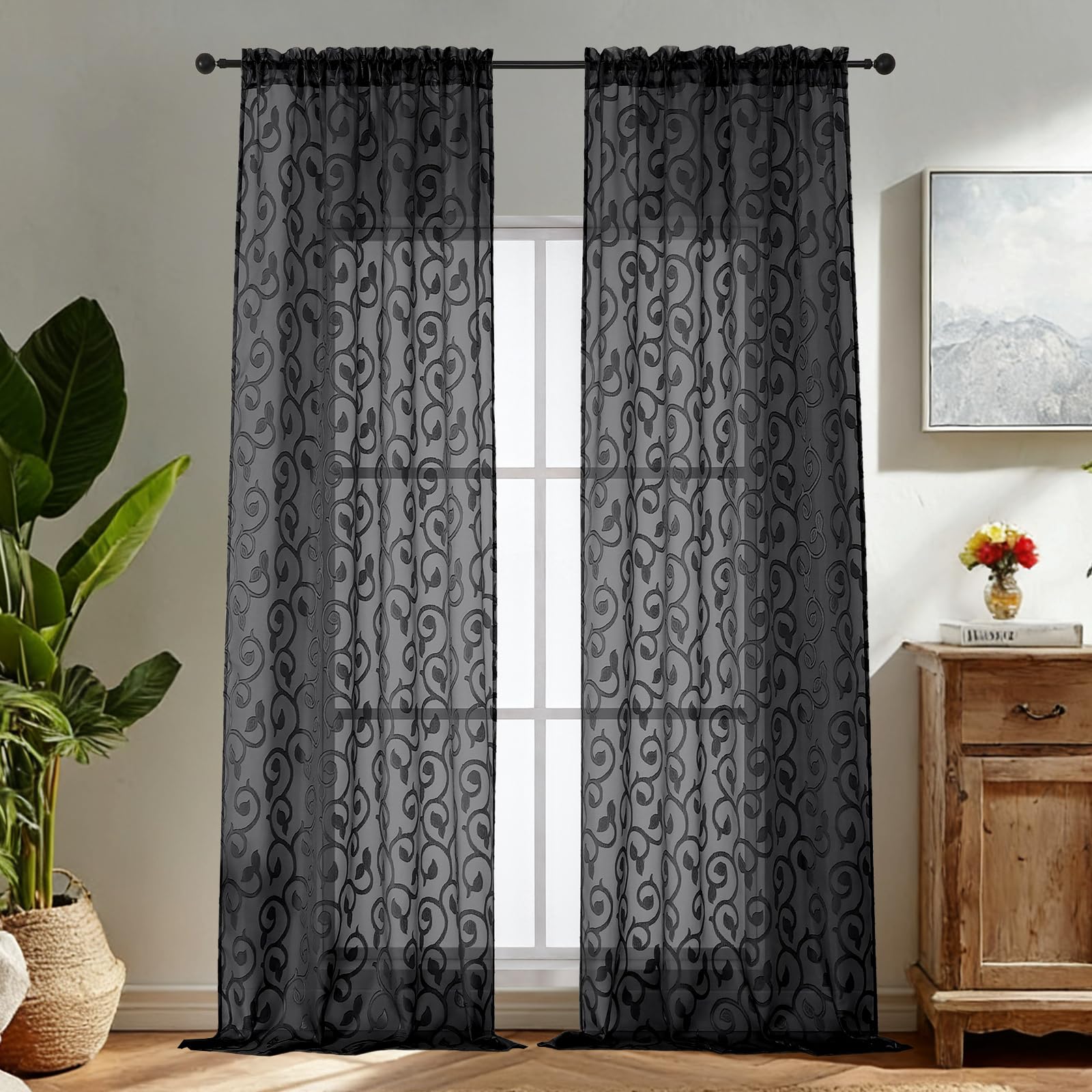 Simplebrand Black Sheer Voile Curtains with Embroidered Pattern, 2 Panels 140x245cm, Dual Rod Pocket Light Filtering Floor Length Curtains — image 1