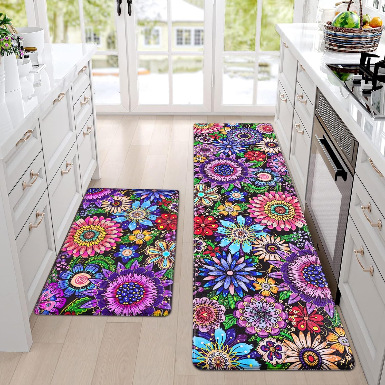 Likiyol Boho Kitchen Rugs, Boho Floral Anti Fatigue Kitchen Mat for Floor, Bohemian Flowers Non Slip Washable Kitchen Floor Mats, Comfort Standing Mat, 18” x 30” + 18” x 60”, Floral Likiyol Boho Kitchen Rugs, Boho Floral Anti Fatigue Kitchen Mat for Floor, Bohemian Flowers Non Slip Washable Kitchen Floor Mats, Comfort Standing Mat, 18” x 30” + 18” x 60”, Floral