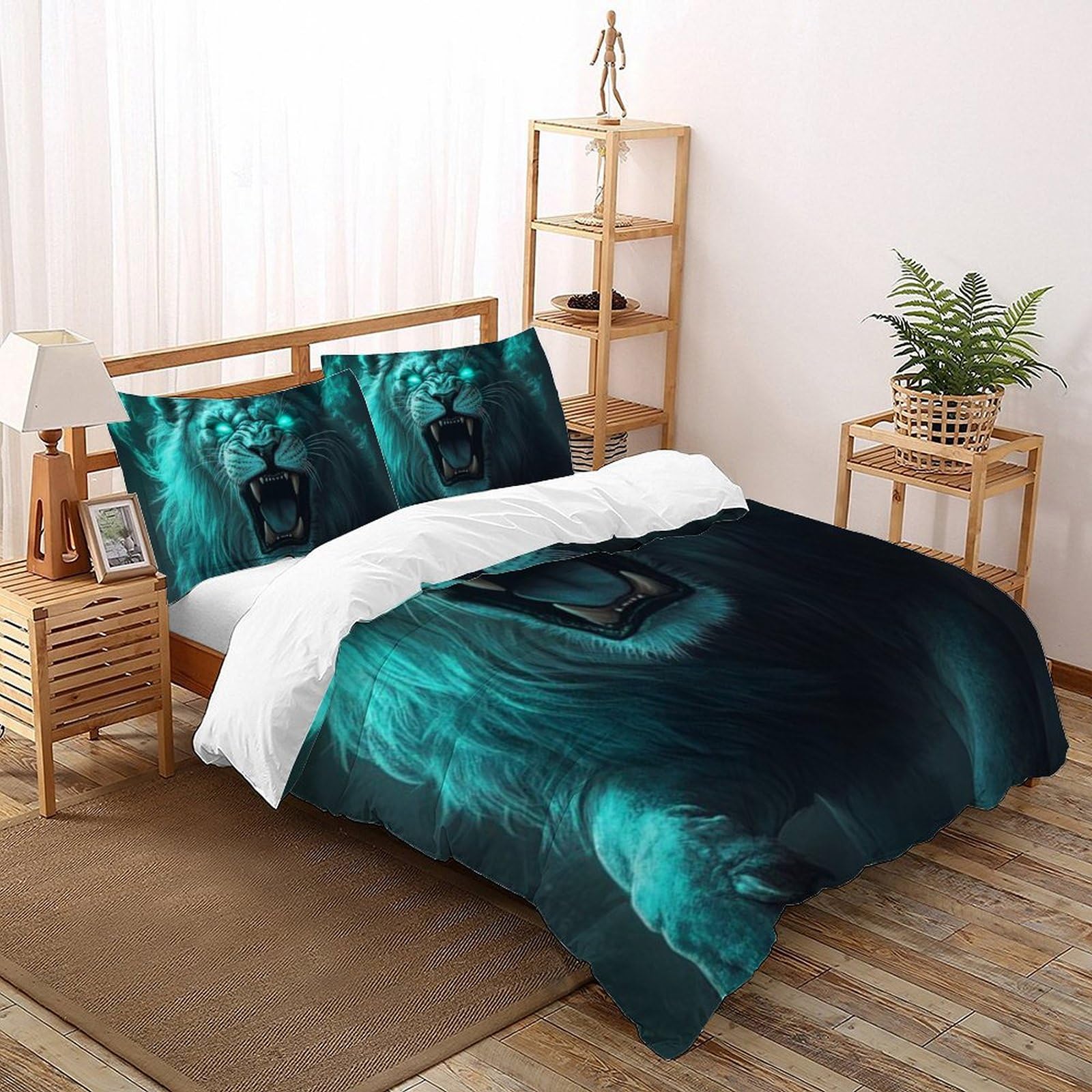 Housse de couette imprimé 3D lion parure de lit microfibre 220x240 cm avec taies d'oreiller enfant