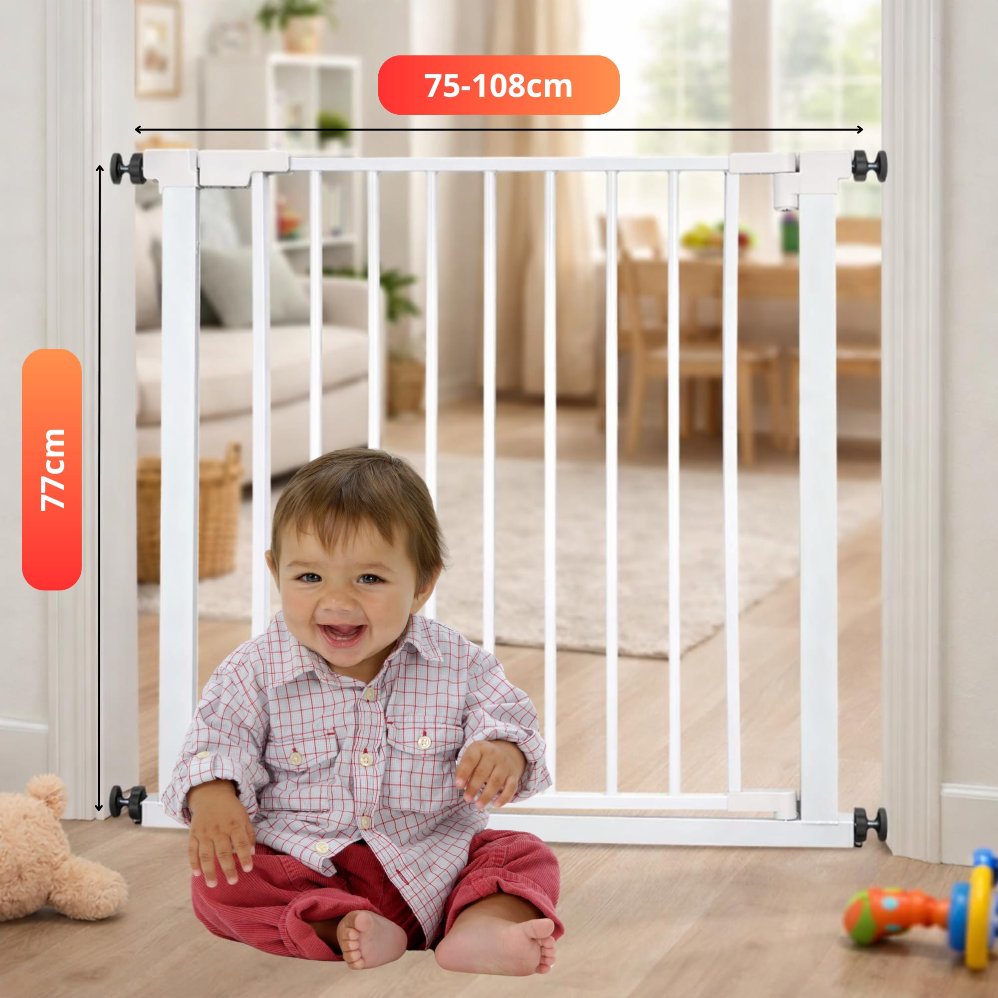 Barrera de Seguridad para Bebés y Mascotas, Ajustable 75-82 cm Extensible hasta 108 cm, Acero Blanco, Valla Escalera y Puerta sin Taladro, Cierre Automático, Apertura 1 Mano, Doble Seguridad