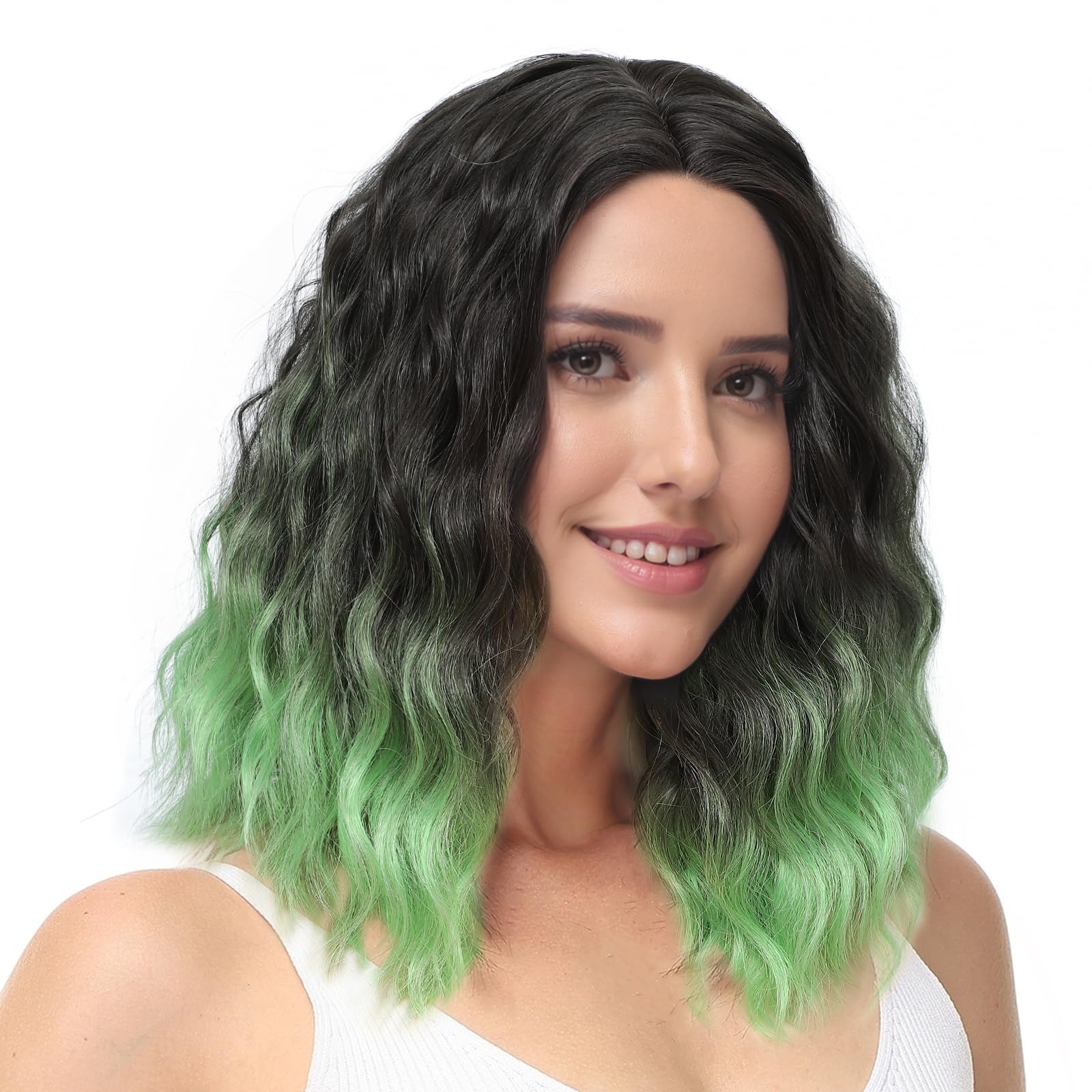 BUYOGET Medium Short Wig Wavy Bob Wig Realistic Natural Lace Front Scalp Adjustable Synthetic Shoulder Length Curly Wigs for Women Ombre Green