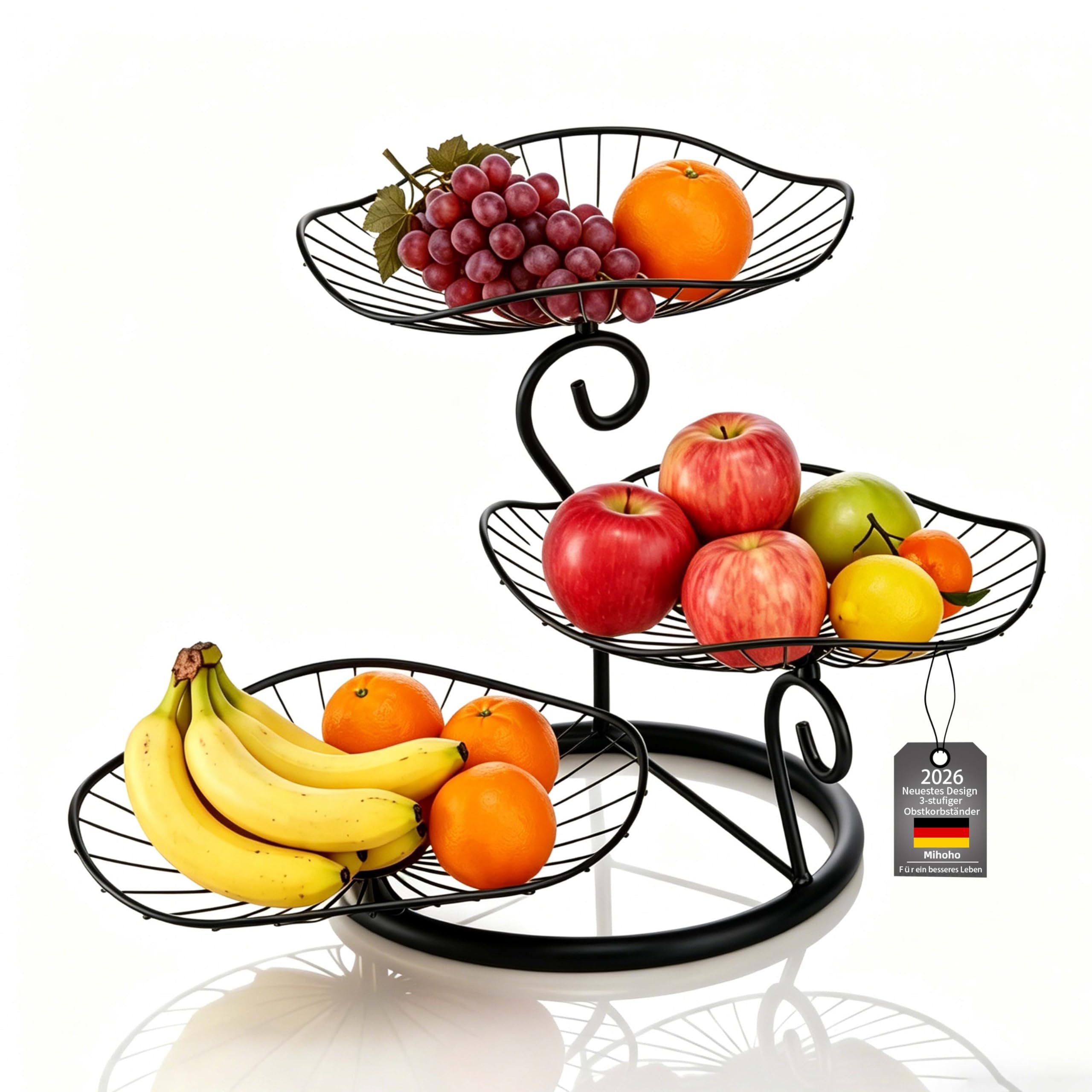 Mihoho 3 Stöckig Metall Obstkorb，Elegante Obstkorb Etagere aus Metall zur Aufbewahrung von z.B. Obst, Brot oder Snacks,Mehrstöckige Obstschale,Hält Obst & Gemüse Frisch (Schwarz)