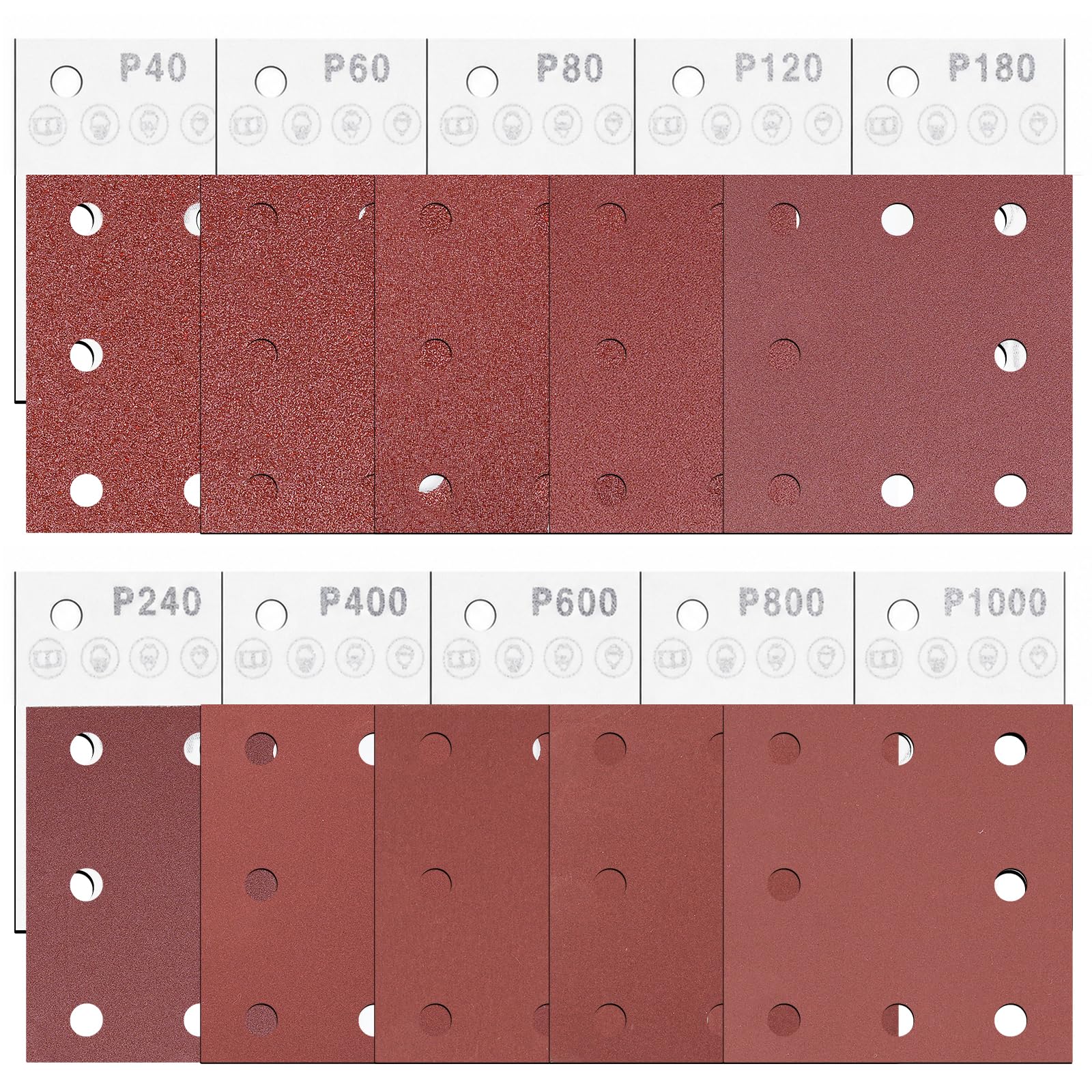 Akamino 100 Pcs 110x115mm Sander Pads Sanding Sheets, 8 Hole Hook and Loop Sanding Pads 40/60/80/120/240/400/600/800 Grit Assortment Palm Detail Sand paper for Electric Sander Polishing Rinding